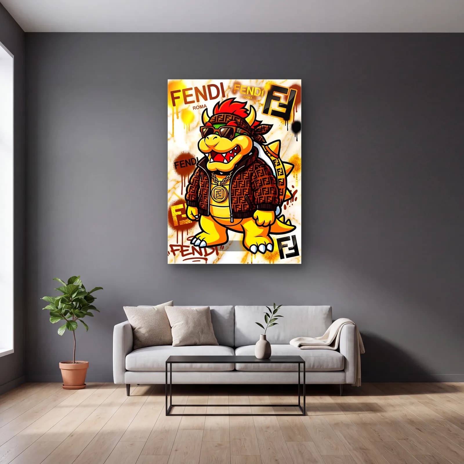 Fendi Desenli Bowser cam tablo — gri duvarlı salonda