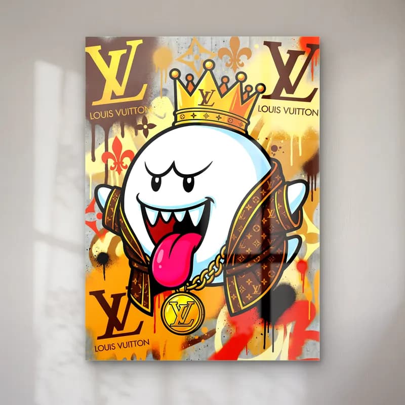 Louis Vuitton Desenli King Boo cam tablo — Monogram logolu turuncu fonda altın taçlı ve zincirli beyaz hayalet King Boo
