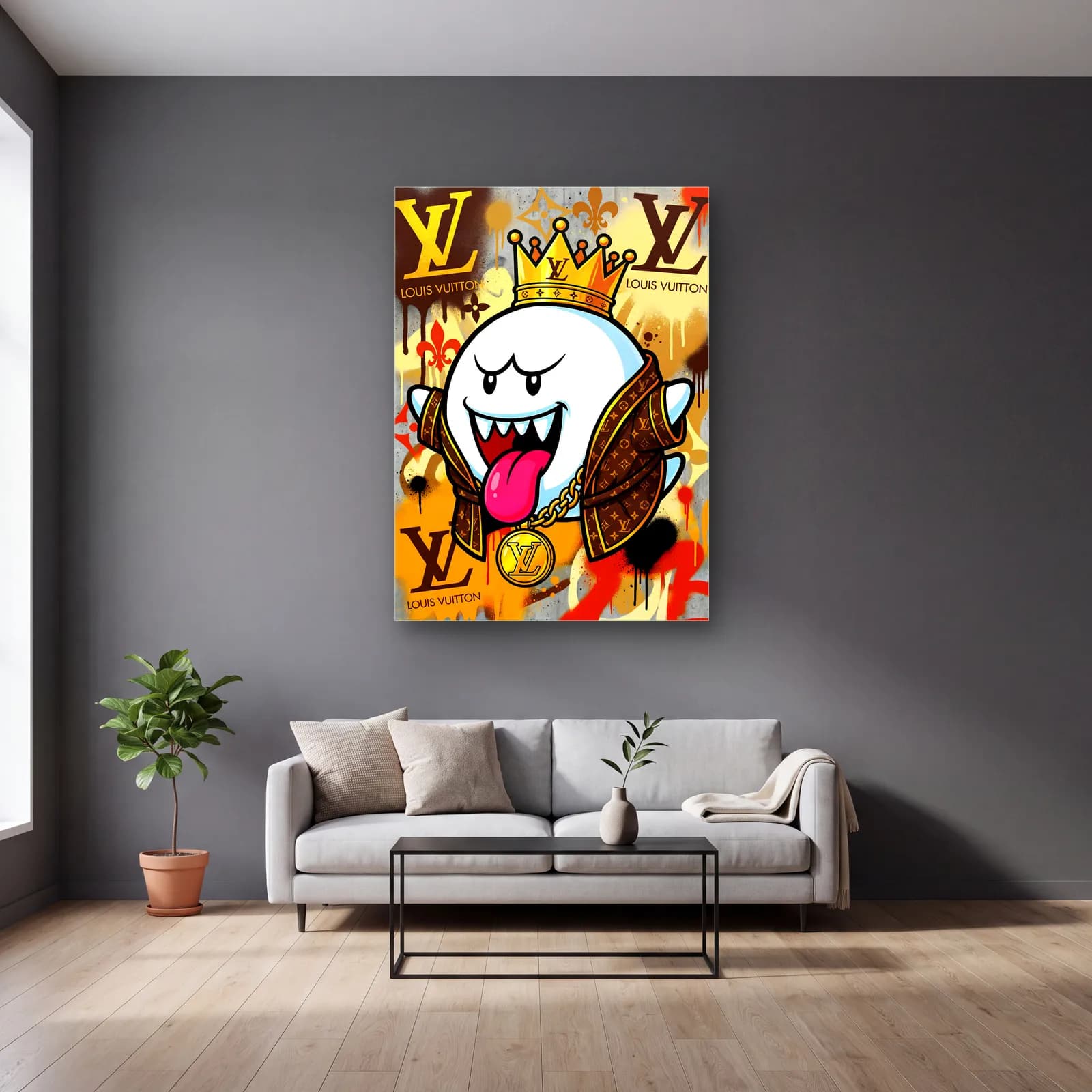 Louis Vuitton Desenli King Boo cam tablo — gri duvarlı salonda