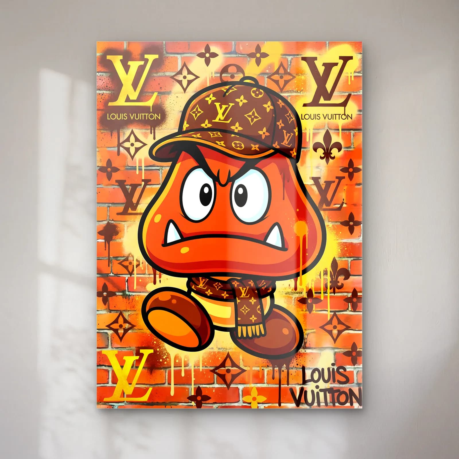 Louis Vuitton Desenli Goomba cam tablo — Turuncu tuğla fonda monogram desenli şapka ve atkılı kahverengi Goomba