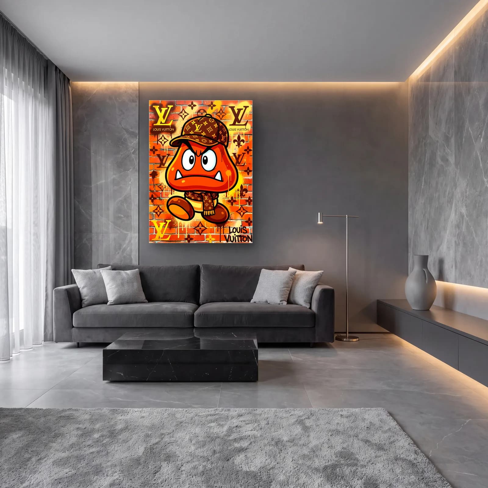 Louis Vuitton Desenli Goomba cam tablo — lüks salon duvarında