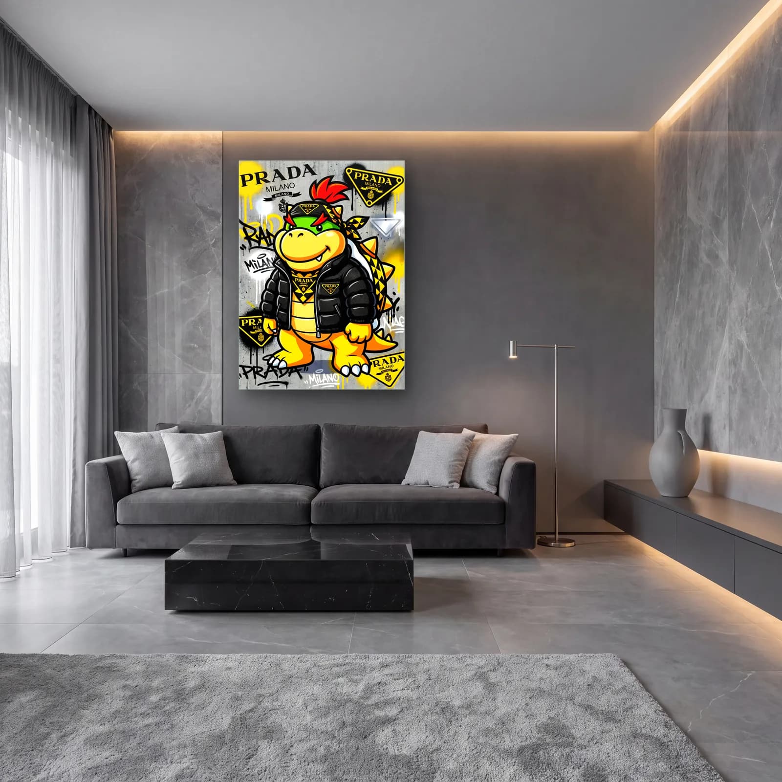 Prada Desenli Bowser Jr cam tablo — lüks salon duvarında