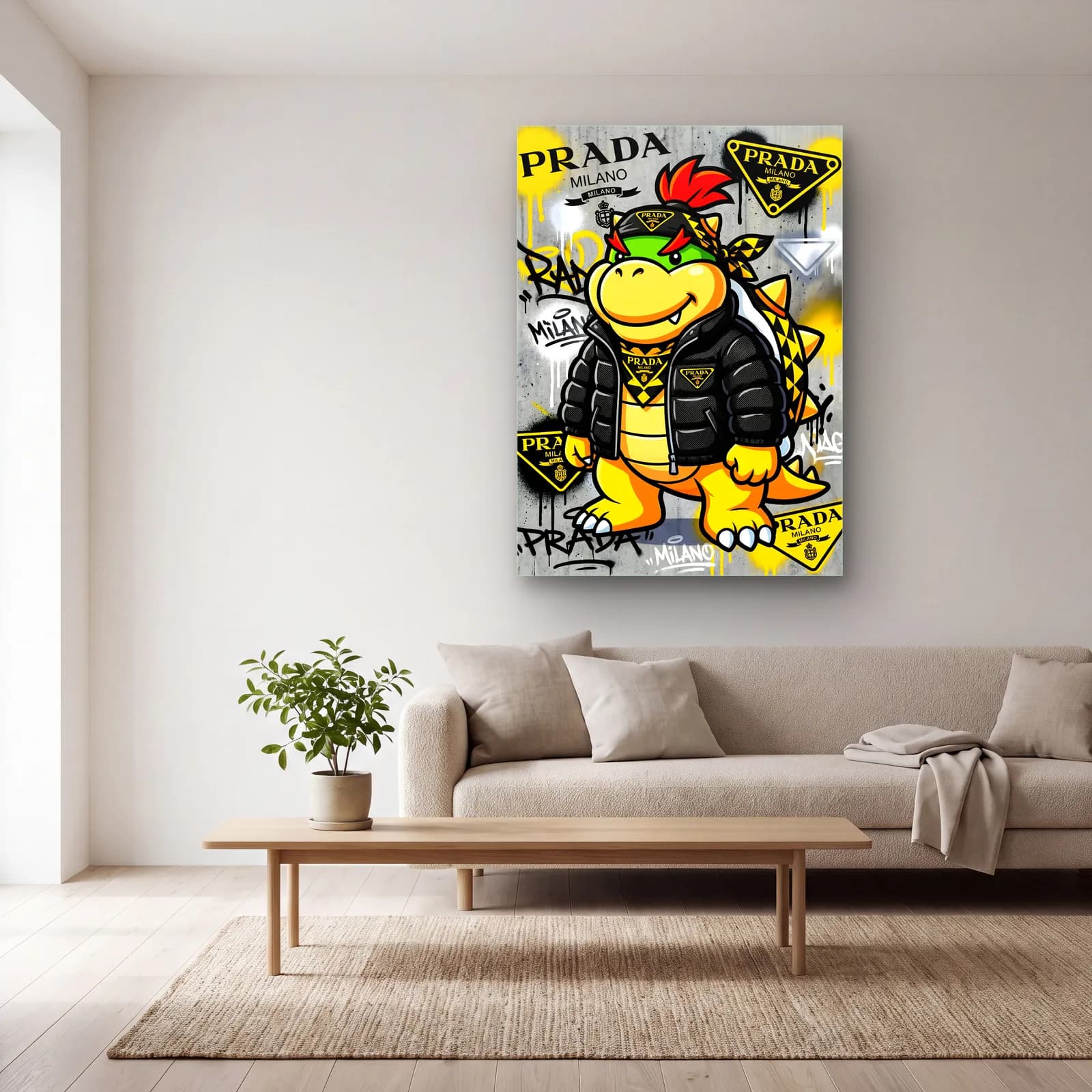 Prada Desenli Bowser Jr cam tablo — açık renk salonda