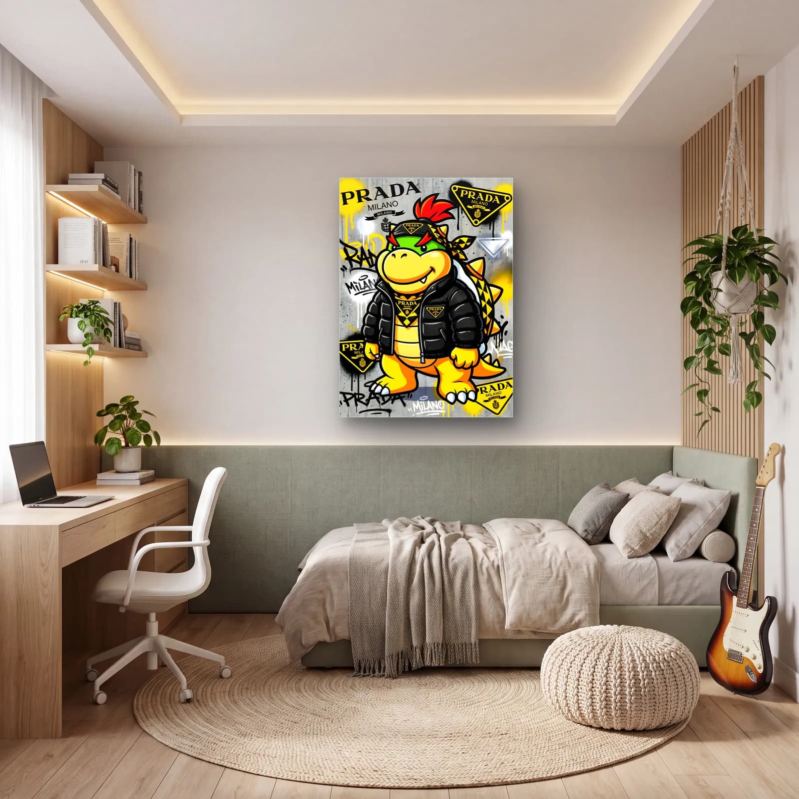 Prada Desenli Bowser Jr cam tablo — genç odasında