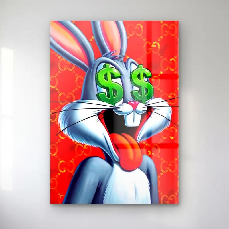 Dolar Gözlü Bugs Bunny cam tablo — Kırmızı fonda yeşil dolar işaretli gözlerle dilini çıkaran Bugs Bunny