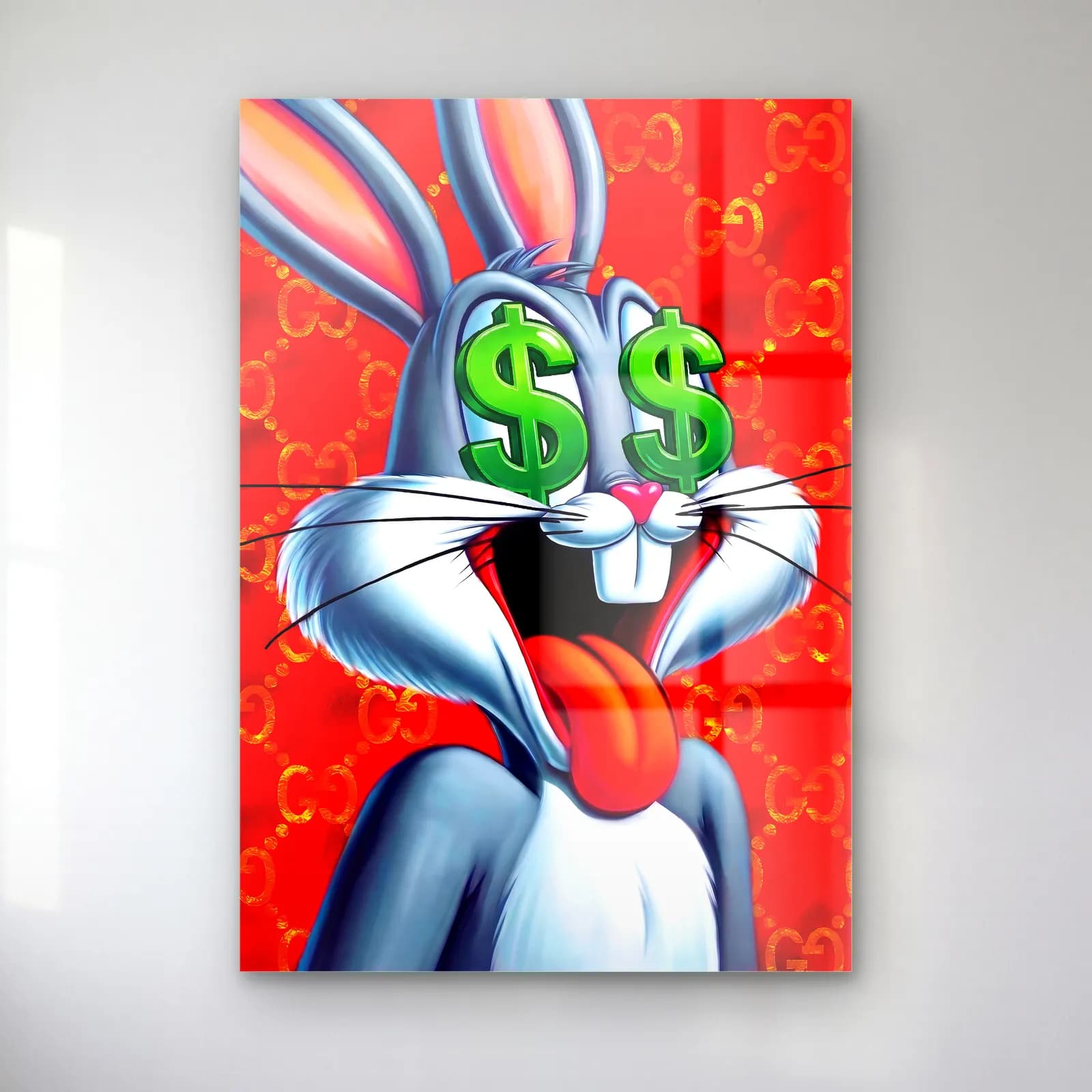 Dolar Gözlü Bugs Bunny cam tablo — Kırmızı fonda yeşil dolar işaretli gözlerle dilini çıkaran Bugs Bunny