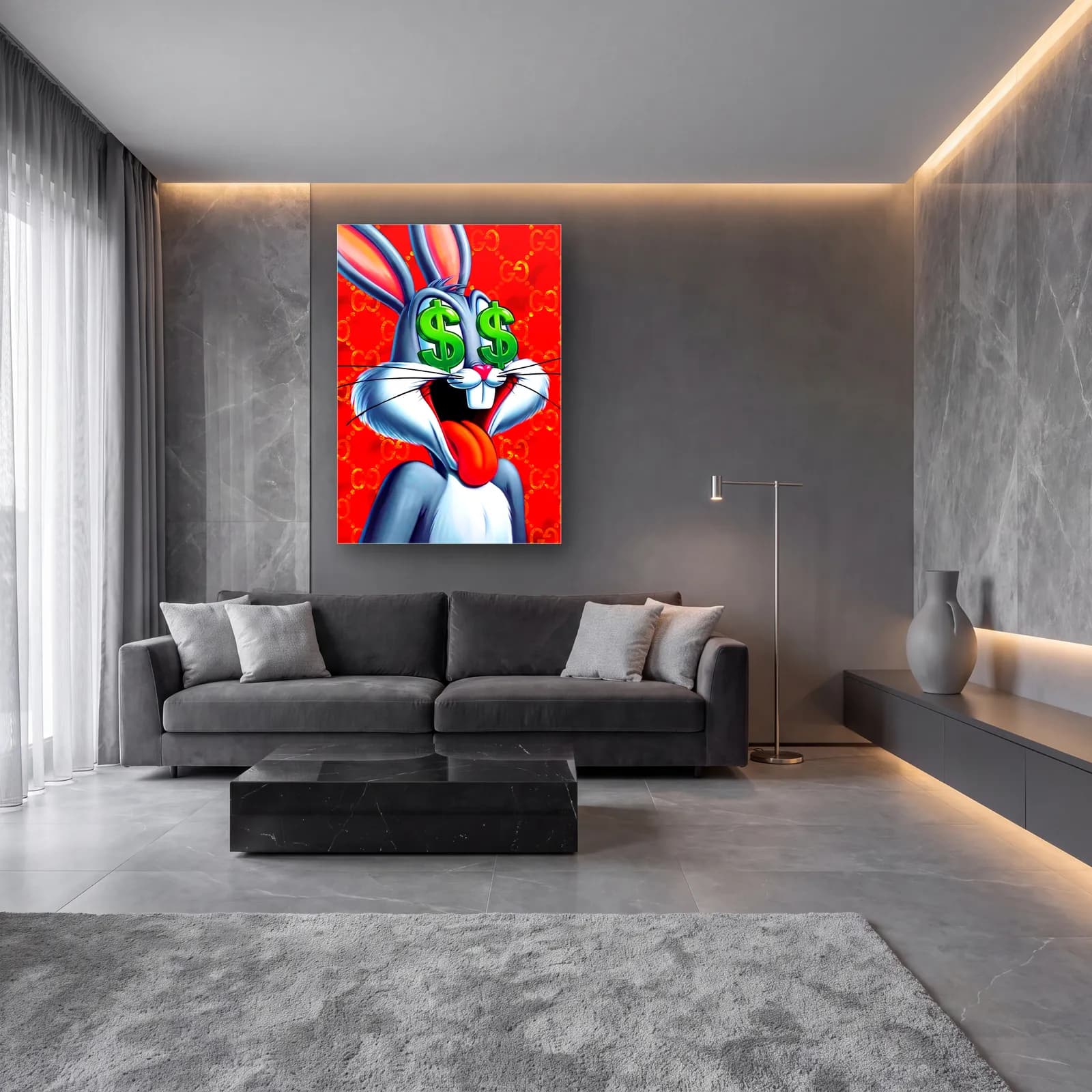 Dolar Gözlü Bugs Bunny cam tablo — lüks salon duvarında