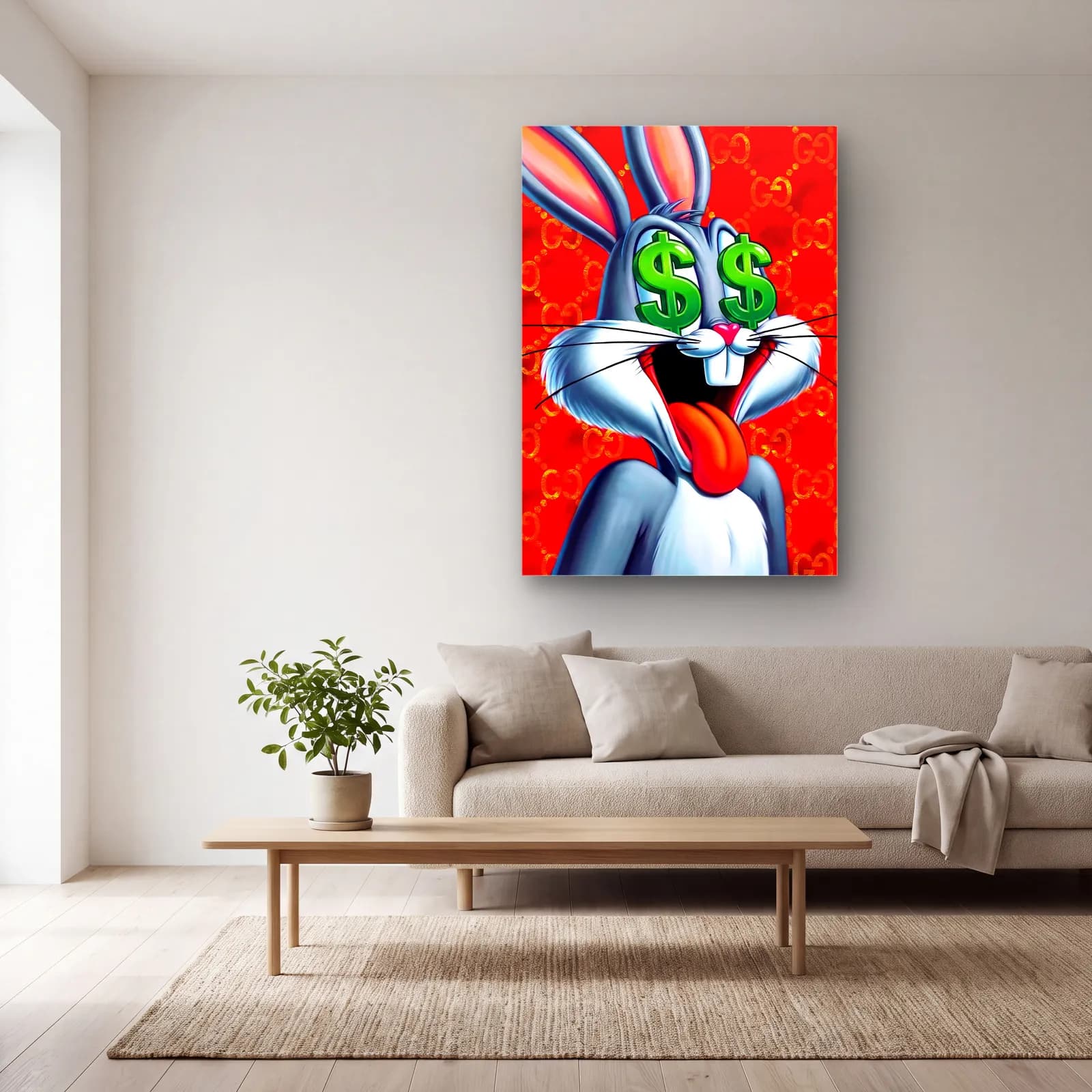 Dolar Gözlü Bugs Bunny cam tablo — açık renk salonda