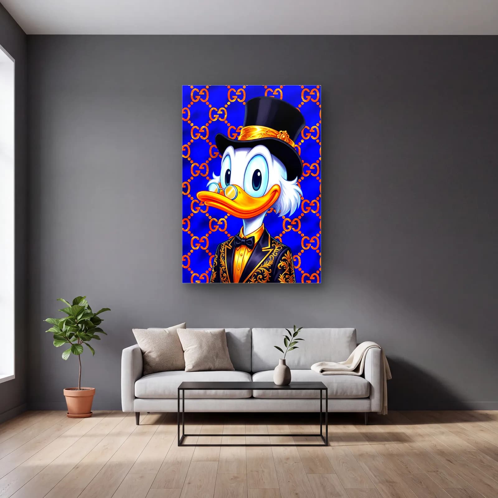 Gucci Desenli Scrooge McDuck cam tablo — gri duvarlı salonda