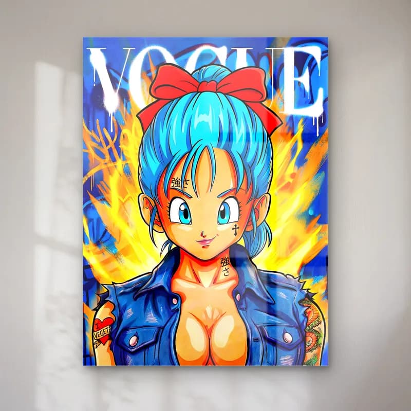 Vogue Kapağı Bulma cam tablo — Vogue yazılı mavi fonda kırmızı kurdeleli, mavi saçlı ve kot ceketli Bulma