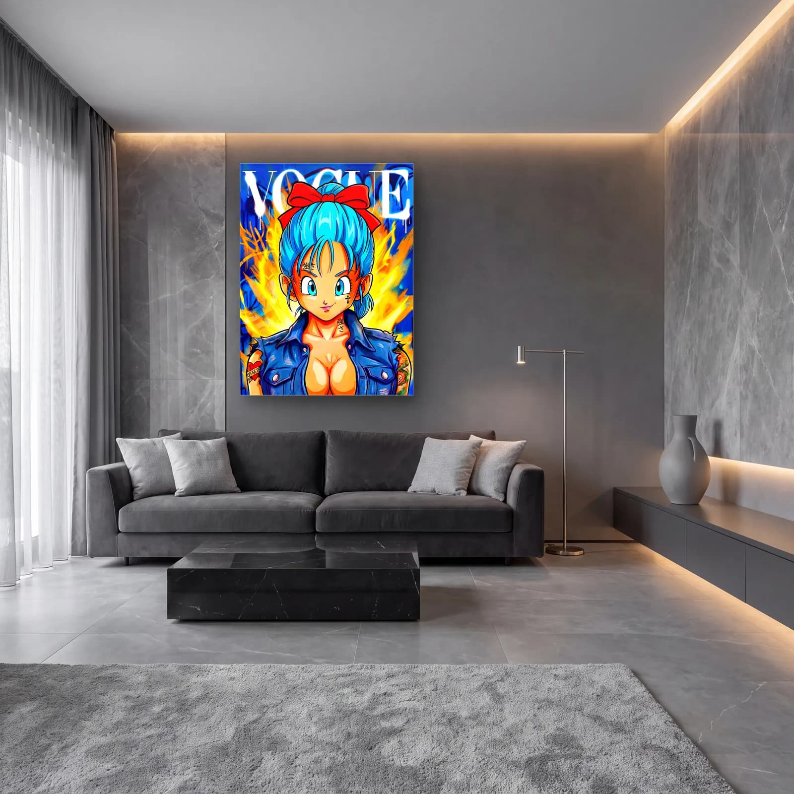 Vogue Kapağı Bulma cam tablo — lüks salon duvarında