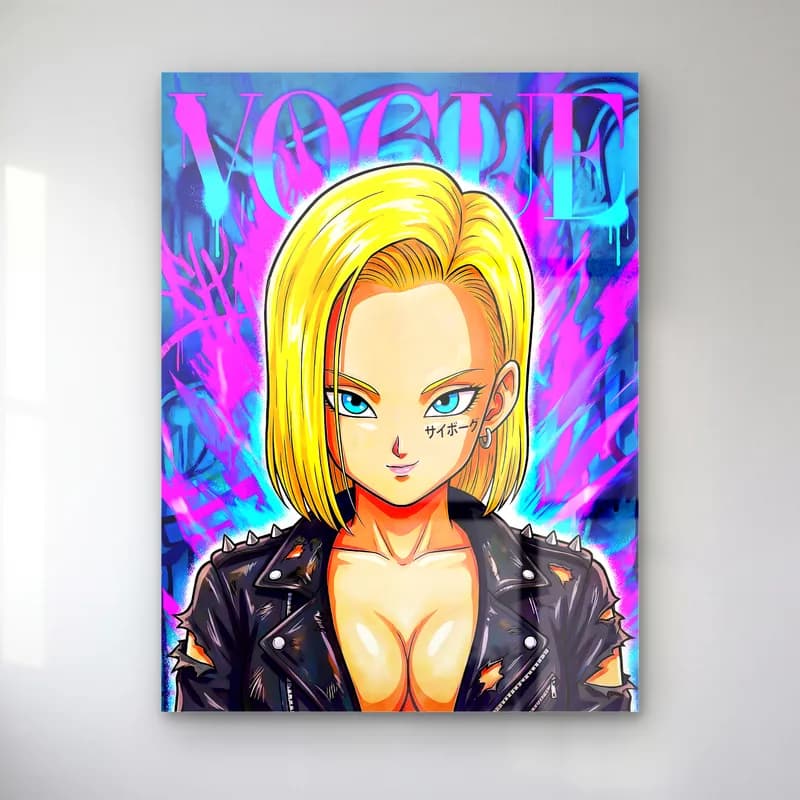 Vogue Kapağı Android 18 cam tablo — Neon pembe mavi Vogue fonda sarı saçlı, siyah deri ceketli Android 18