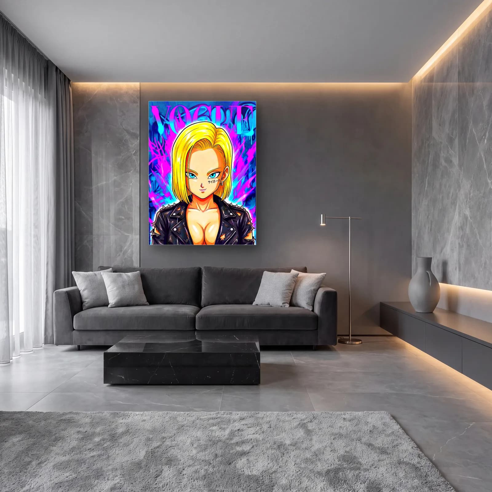 Vogue Kapağı Android 18 cam tablo — lüks salon duvarında