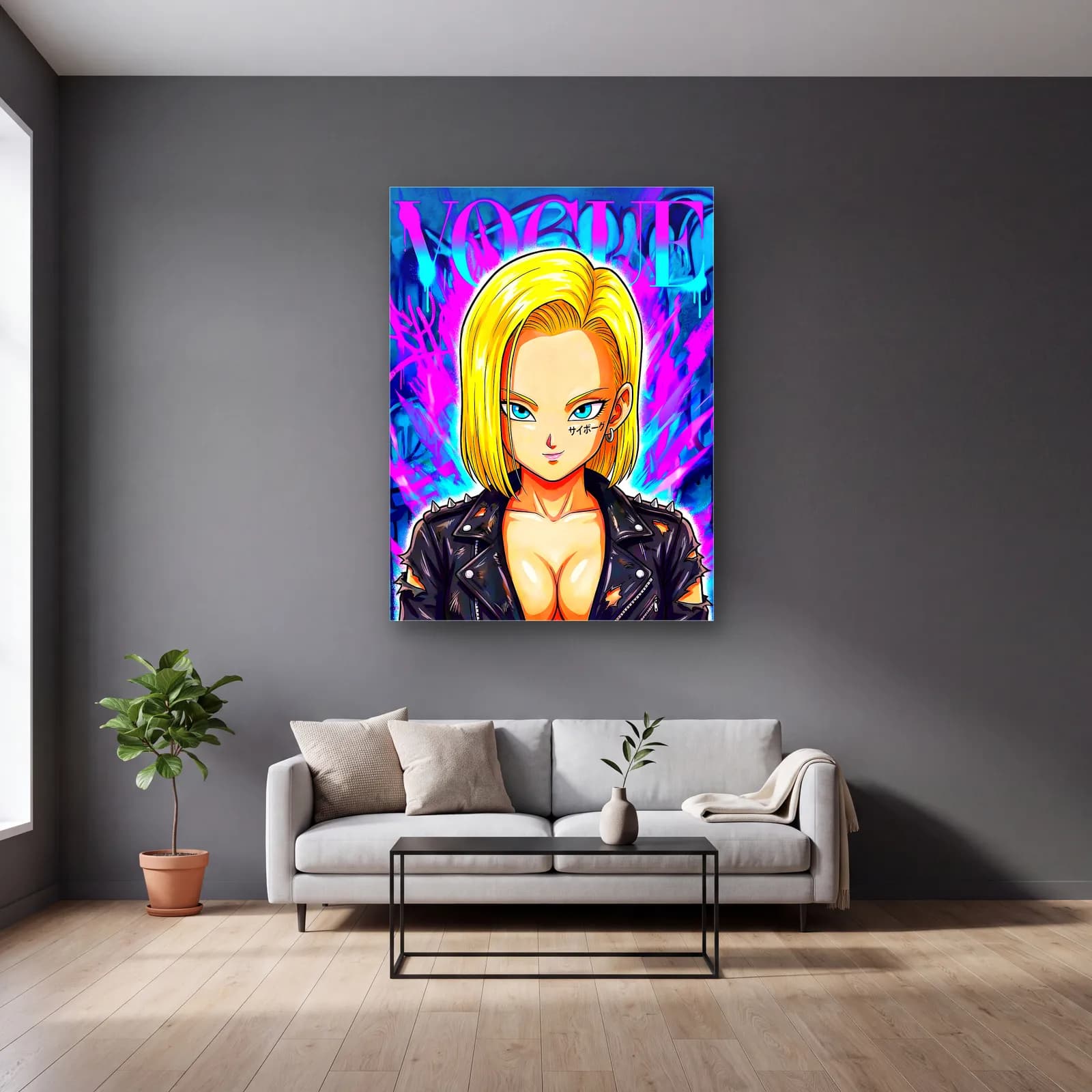 Vogue Kapağı Android 18 cam tablo — gri duvarlı salonda