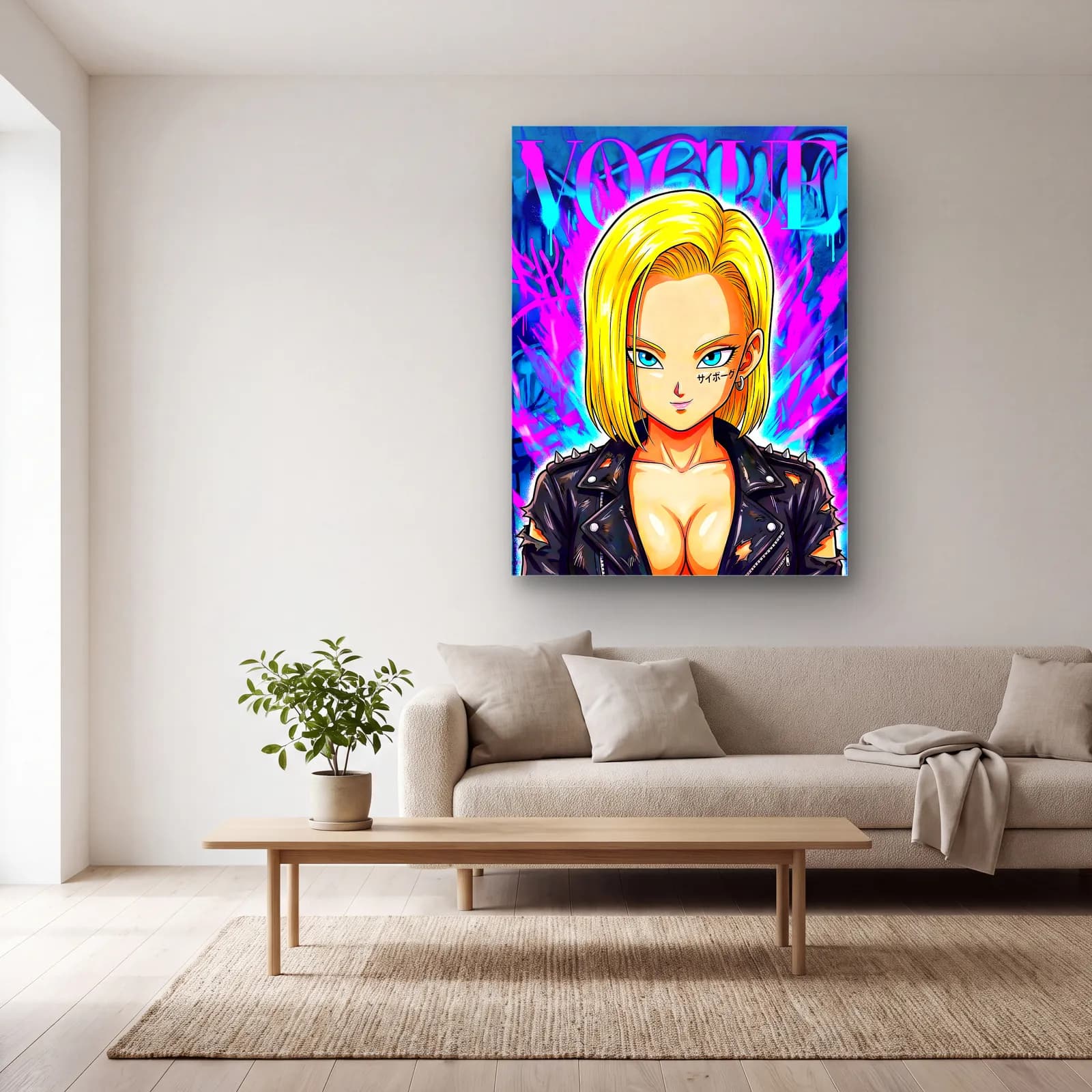 Vogue Kapağı Android 18 cam tablo — açık renk salonda