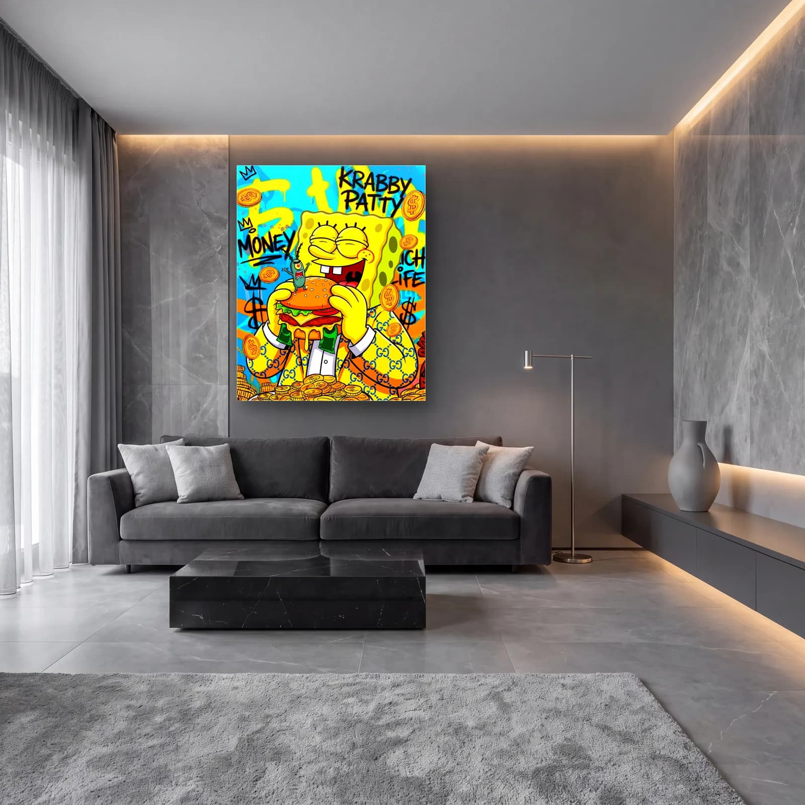 Krabby Patty SüngerBob cam tablo — lüks salon duvarında