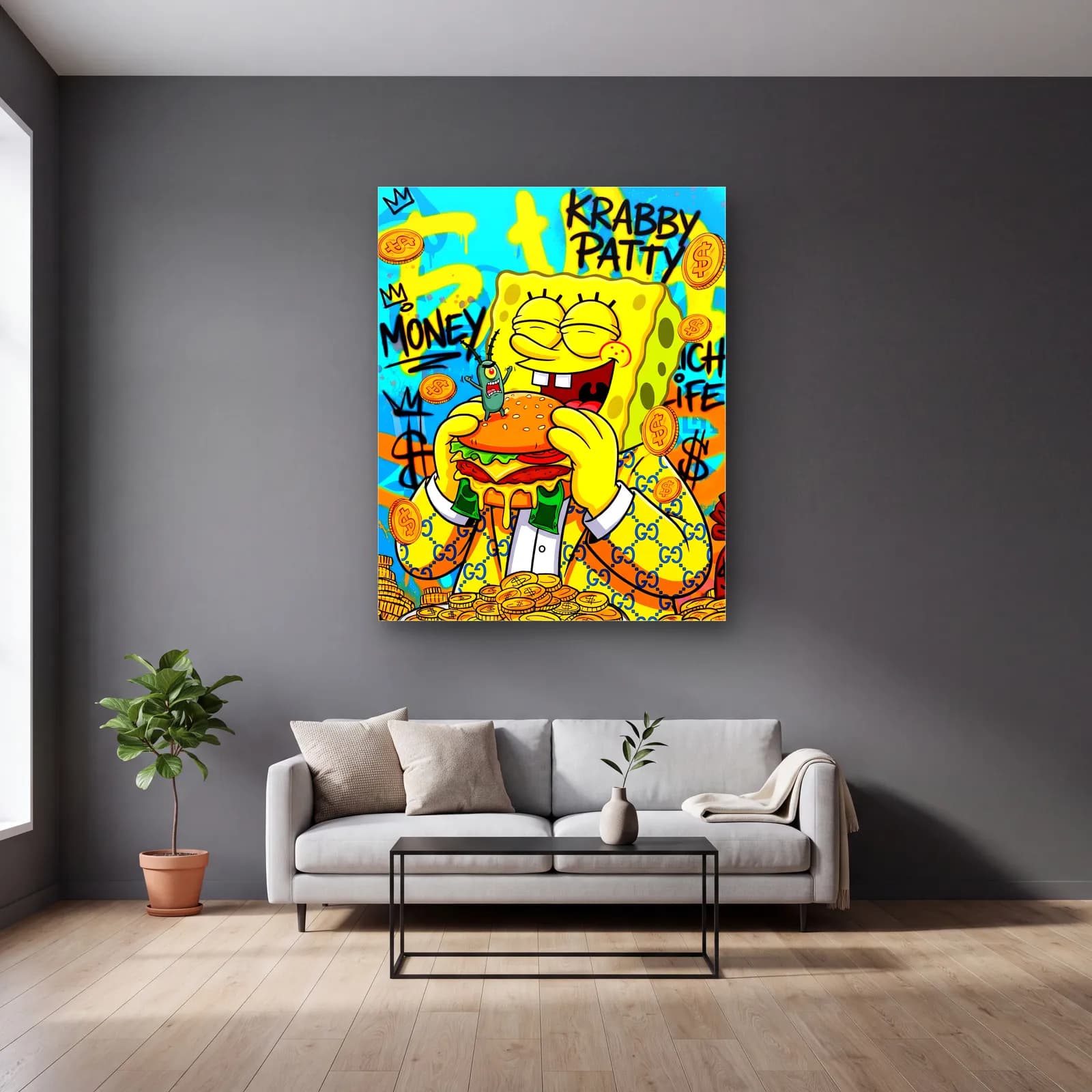 Krabby Patty SüngerBob cam tablo — gri duvarlı salonda