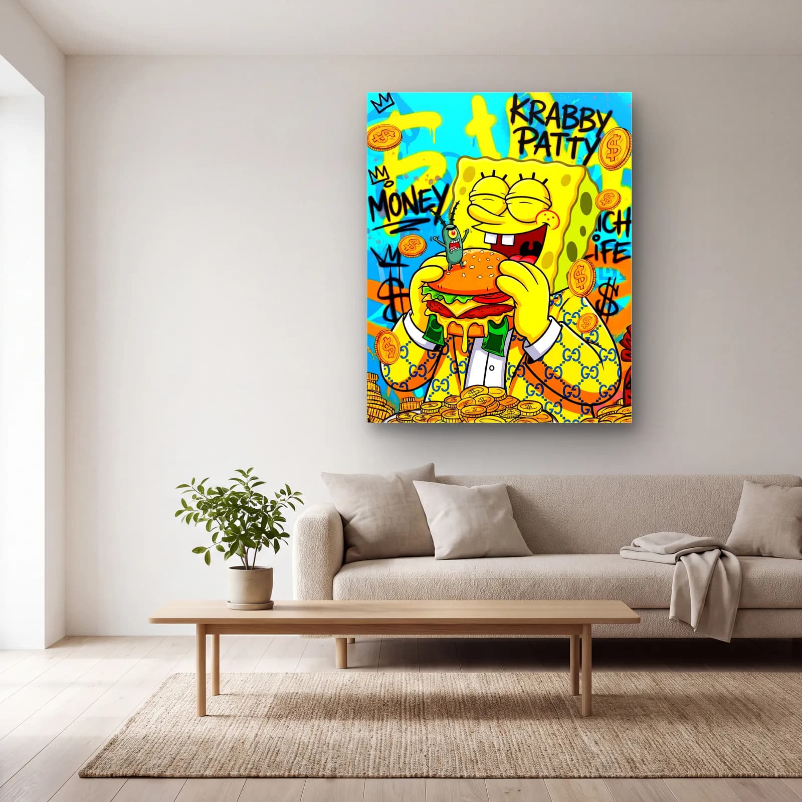 Krabby Patty SüngerBob cam tablo — açık renk salonda