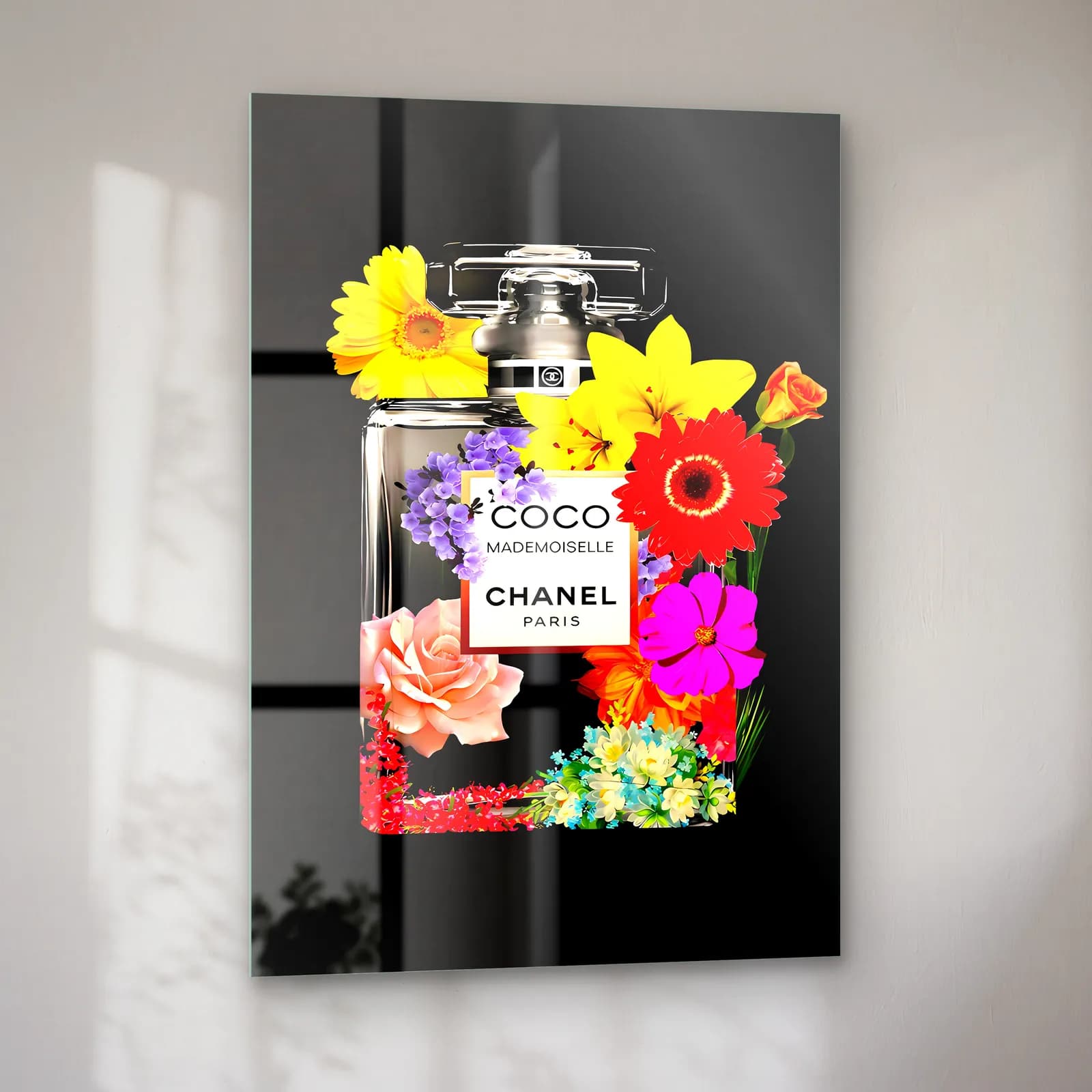 Çiçekli Coco Mademoiselle Parfüm cam tablo — sol açıdan görünüm