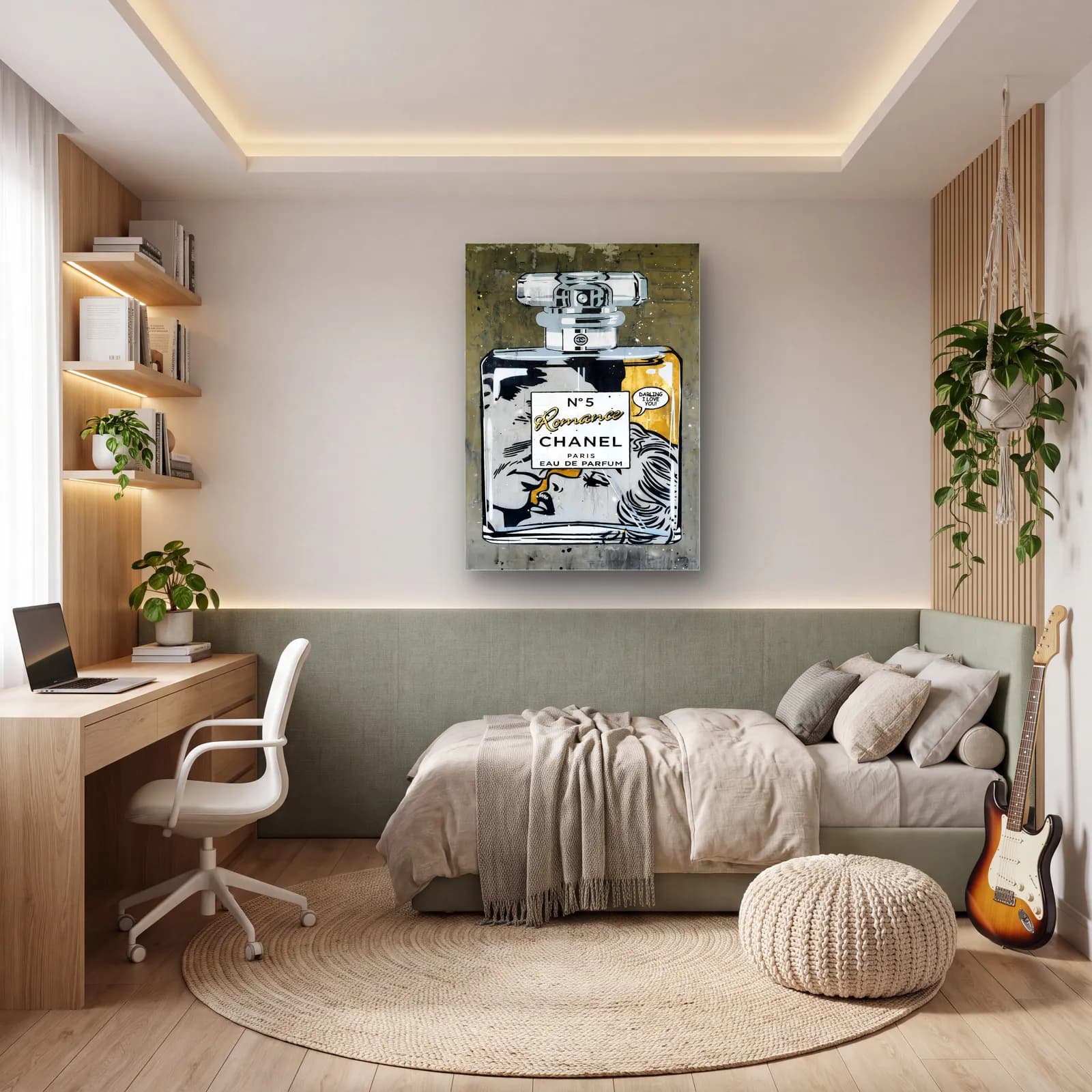 Romance N5 Parfüm Siyah Beyaz cam tablo — genç odasında