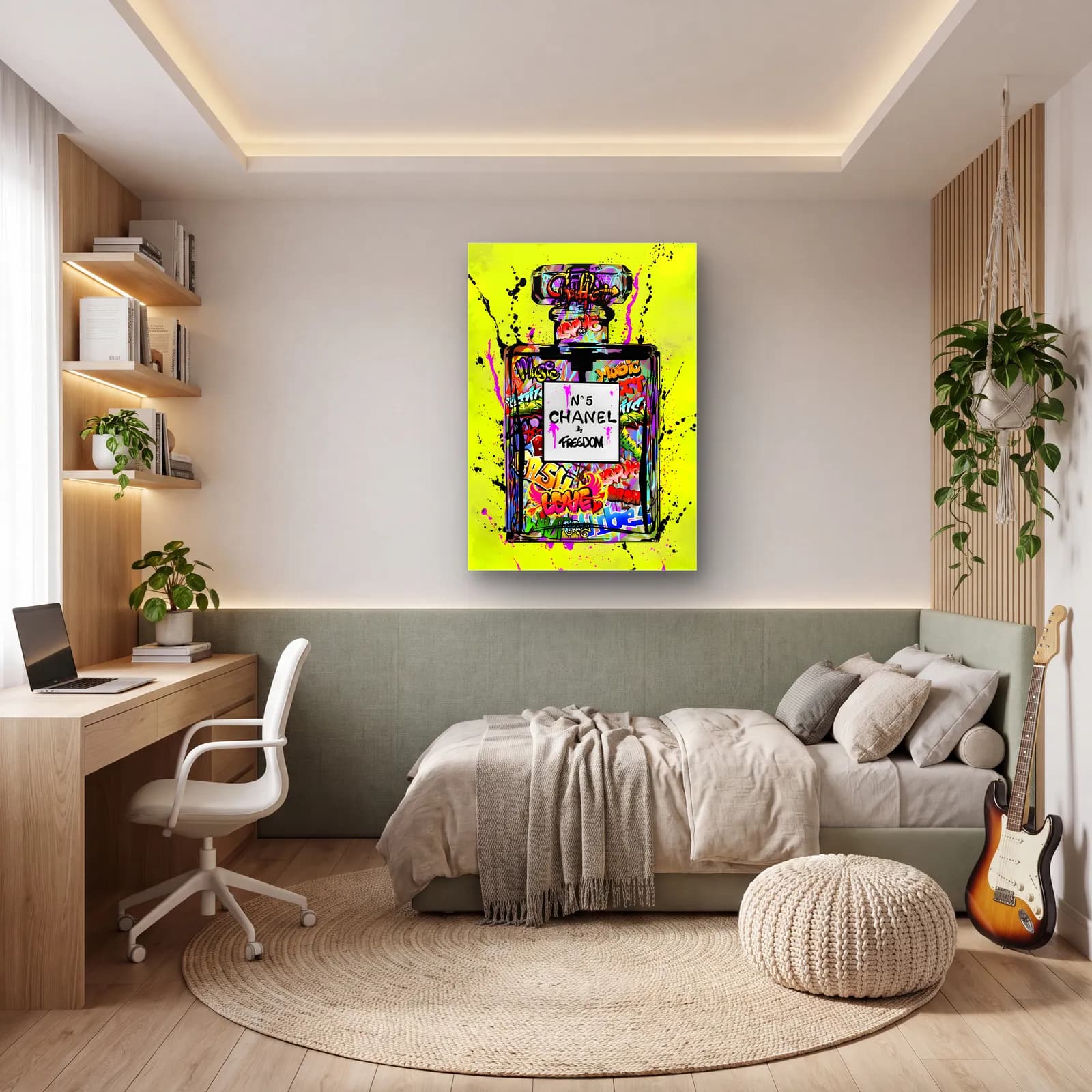 Freedom N5 Parfüm Neon Sarı cam tablo — genç odasında