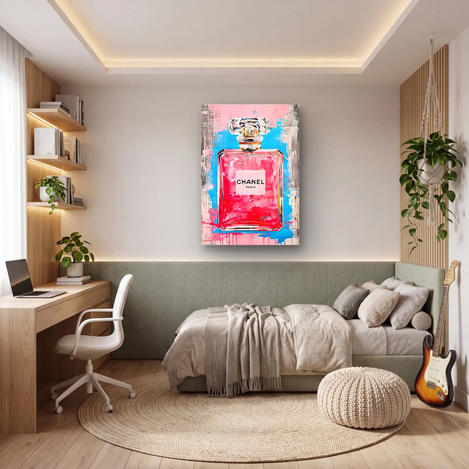 Pembe Chanel Parfüm Şişesi cam tablo — genç odasında