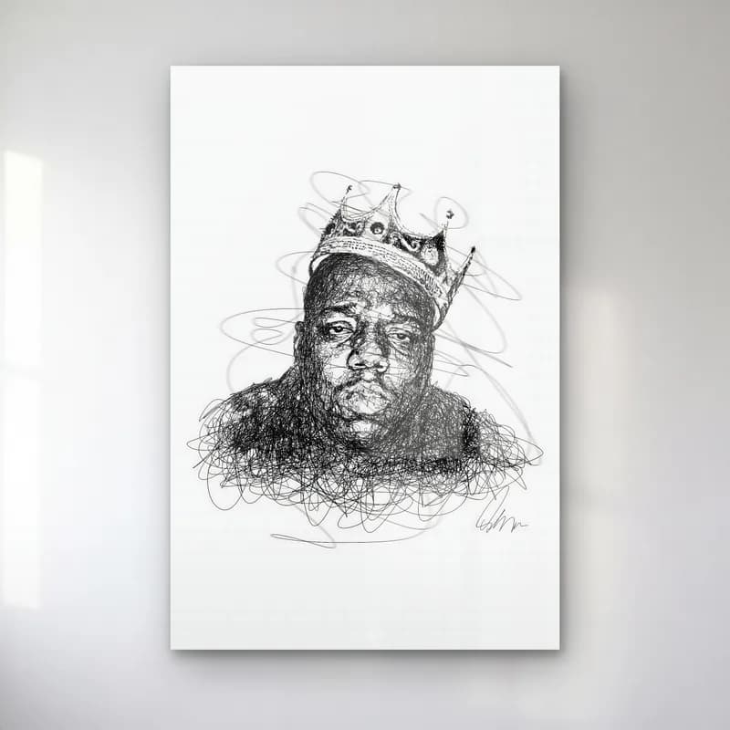 Taçlı Notorious B.I.G. Karakalem cam tablo — Beyaz zeminde taçlı Notorious B.I.G. karalama çizgi portresi