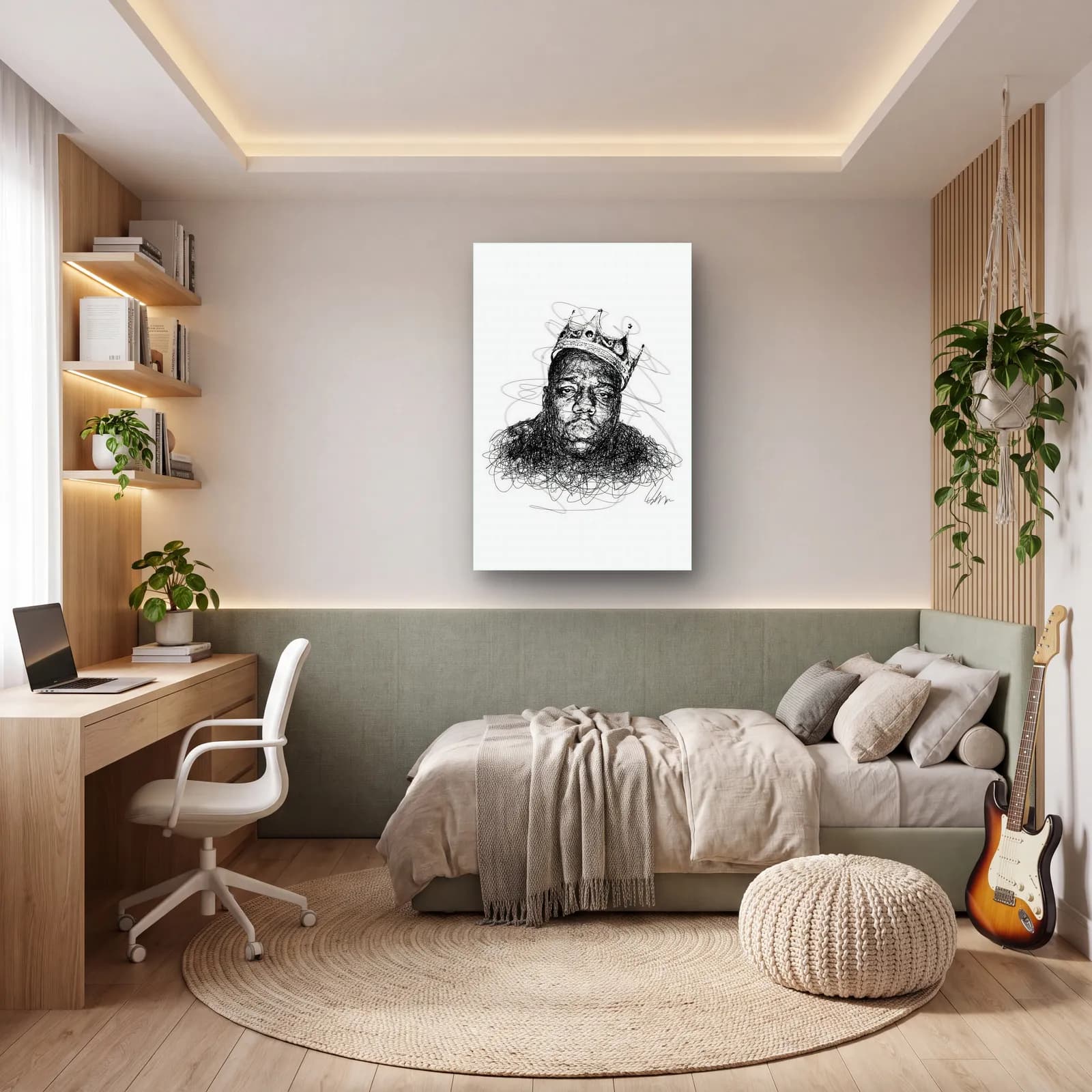 Taçlı Notorious B.I.G. Karakalem cam tablo — genç odasında