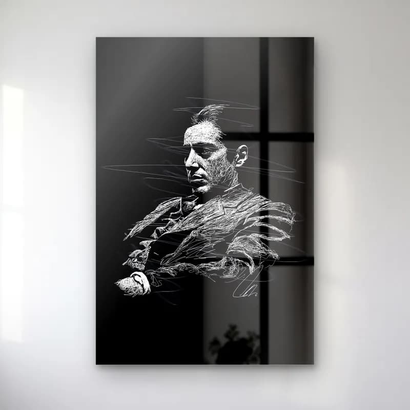 Karakalem Baba Michael Corleone cam tablo — Siyah zemin üzerinde oturan Michael Corleone'nin beyaz çizgi portresi