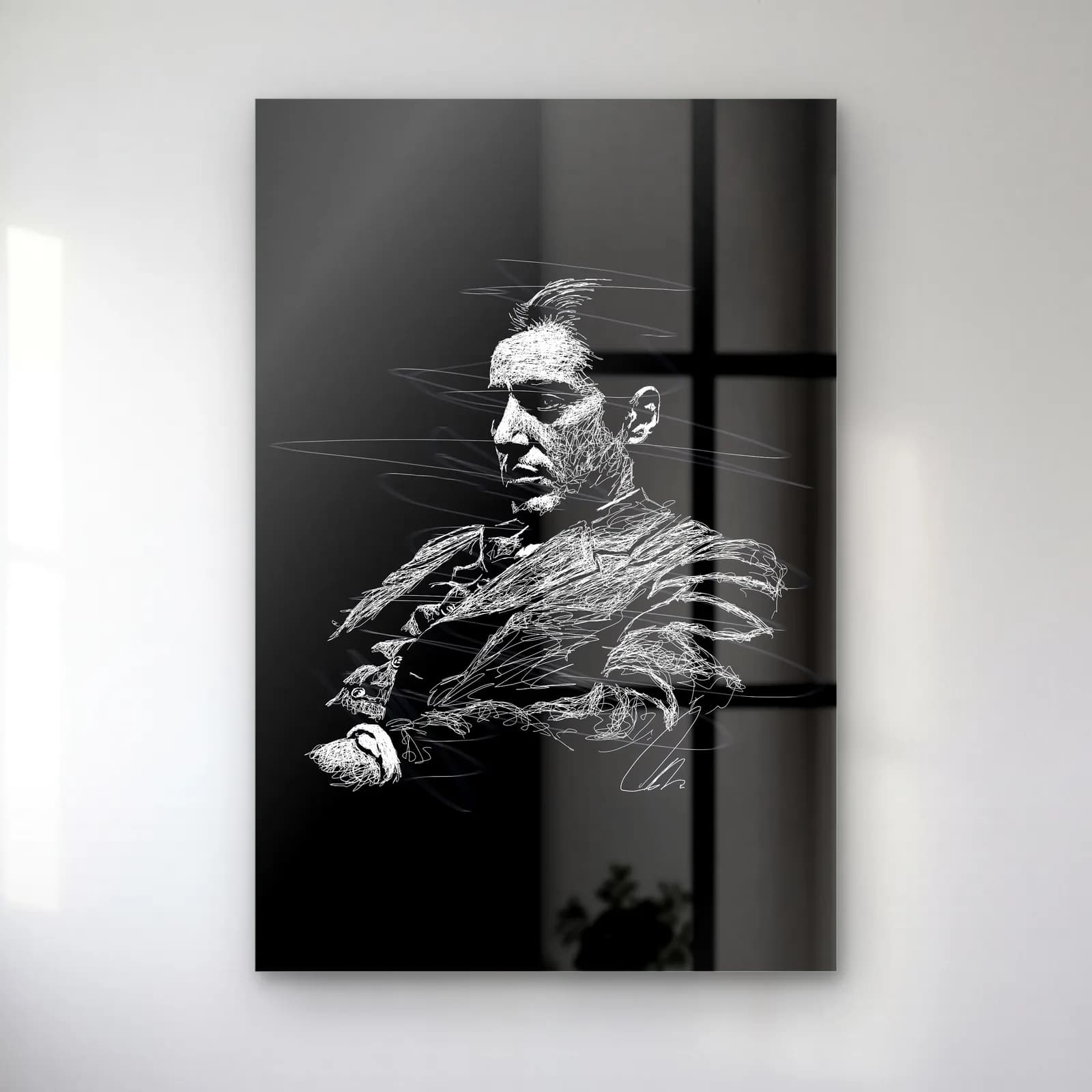 Karakalem Baba Michael Corleone cam tablo — Siyah zemin üzerinde oturan Michael Corleone'nin beyaz çizgi portresi