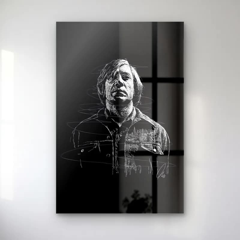 Karakalem Anton Chigurh Portresi cam tablo — Siyah zeminde kaküllü adamın beyaz çizgilerle karakalem portresi