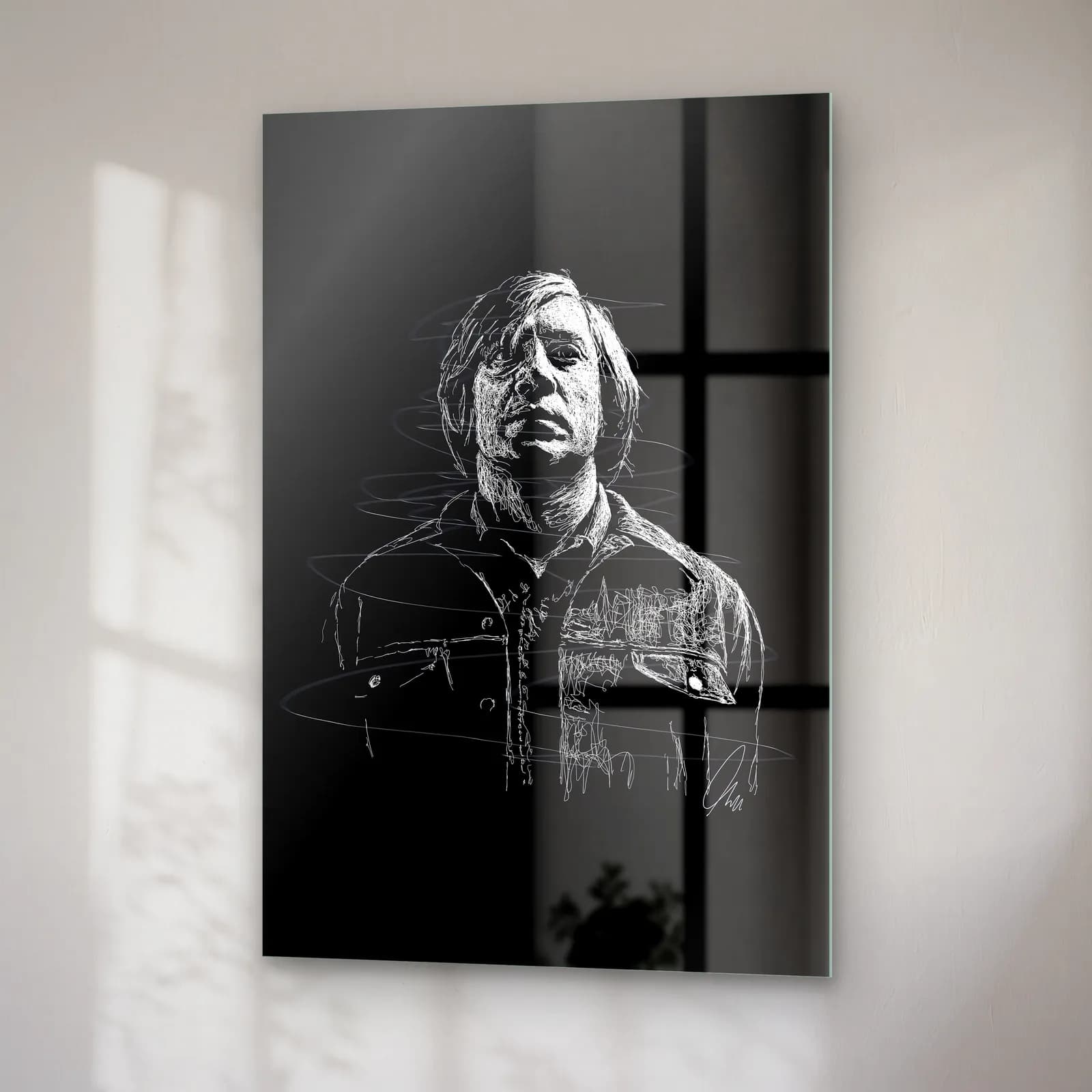 Karakalem Anton Chigurh Portresi cam tablo — sağ açıdan görünüm