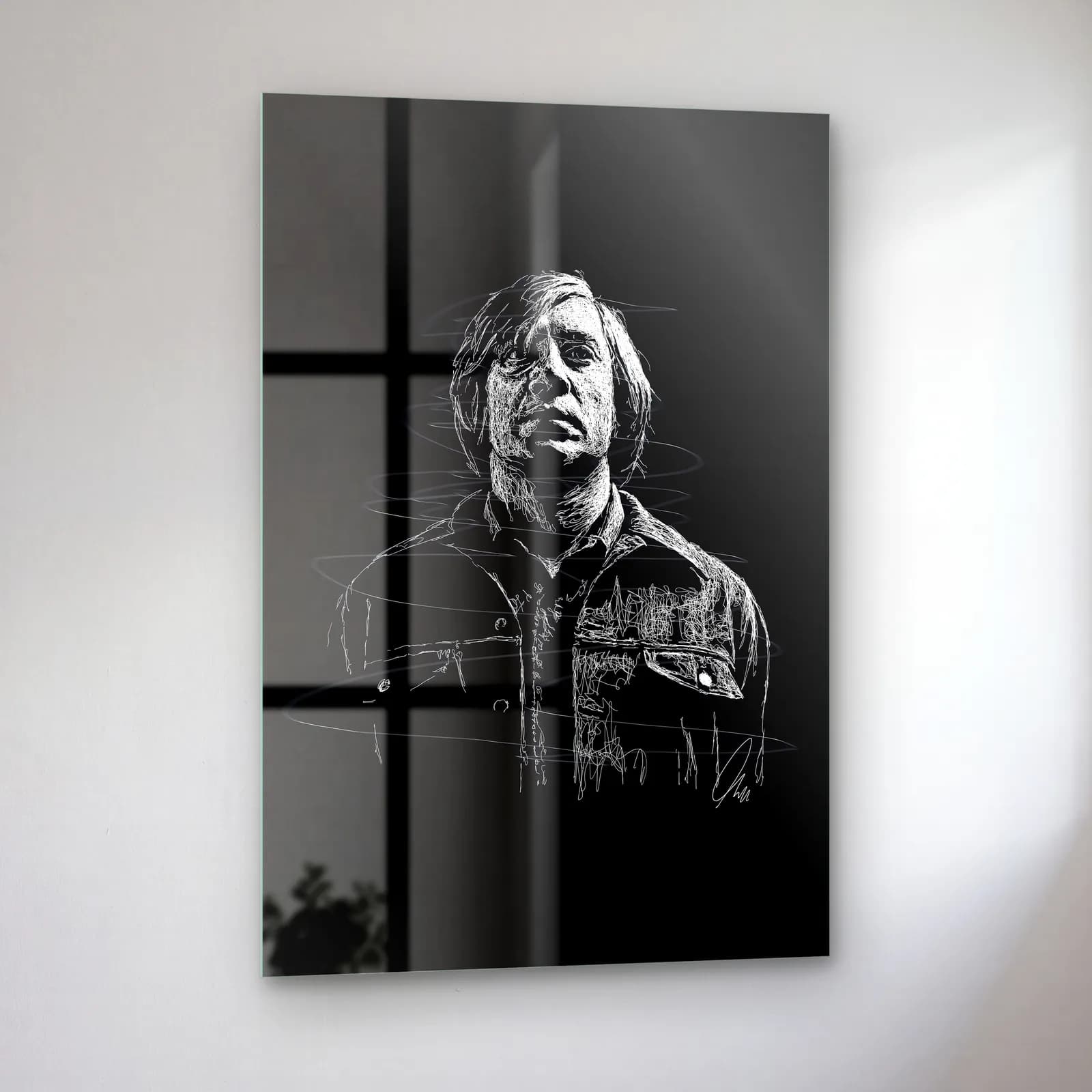 Karakalem Anton Chigurh Portresi cam tablo — sol açıdan görünüm