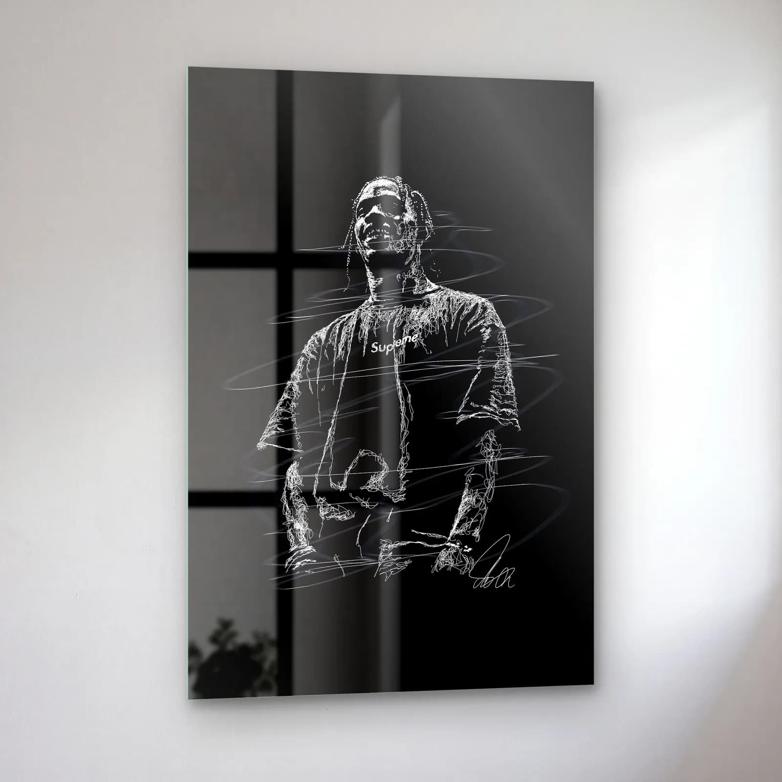 Karakalem Travis Scott Portresi cam tablo — sol açıdan görünüm