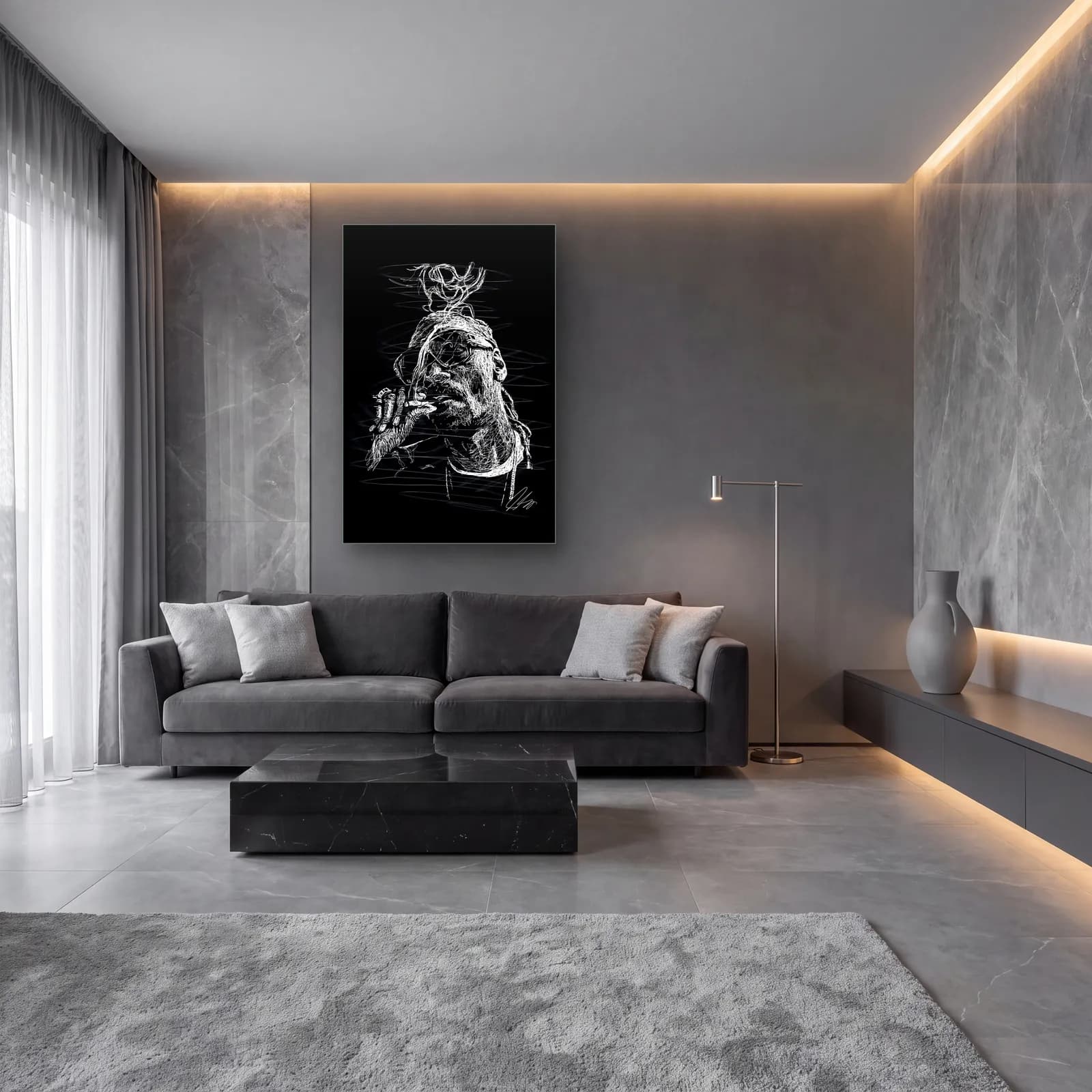 Dumanlı Örgü Saçlı Portre cam tablo — lüks salon duvarında