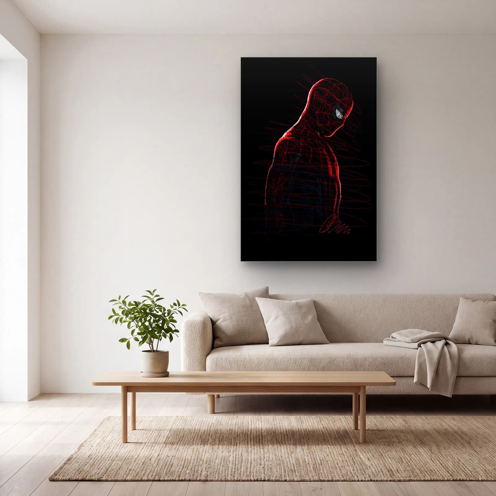 Kapüşonlu Spider-Man Çizimi cam tablo — açık renk salonda