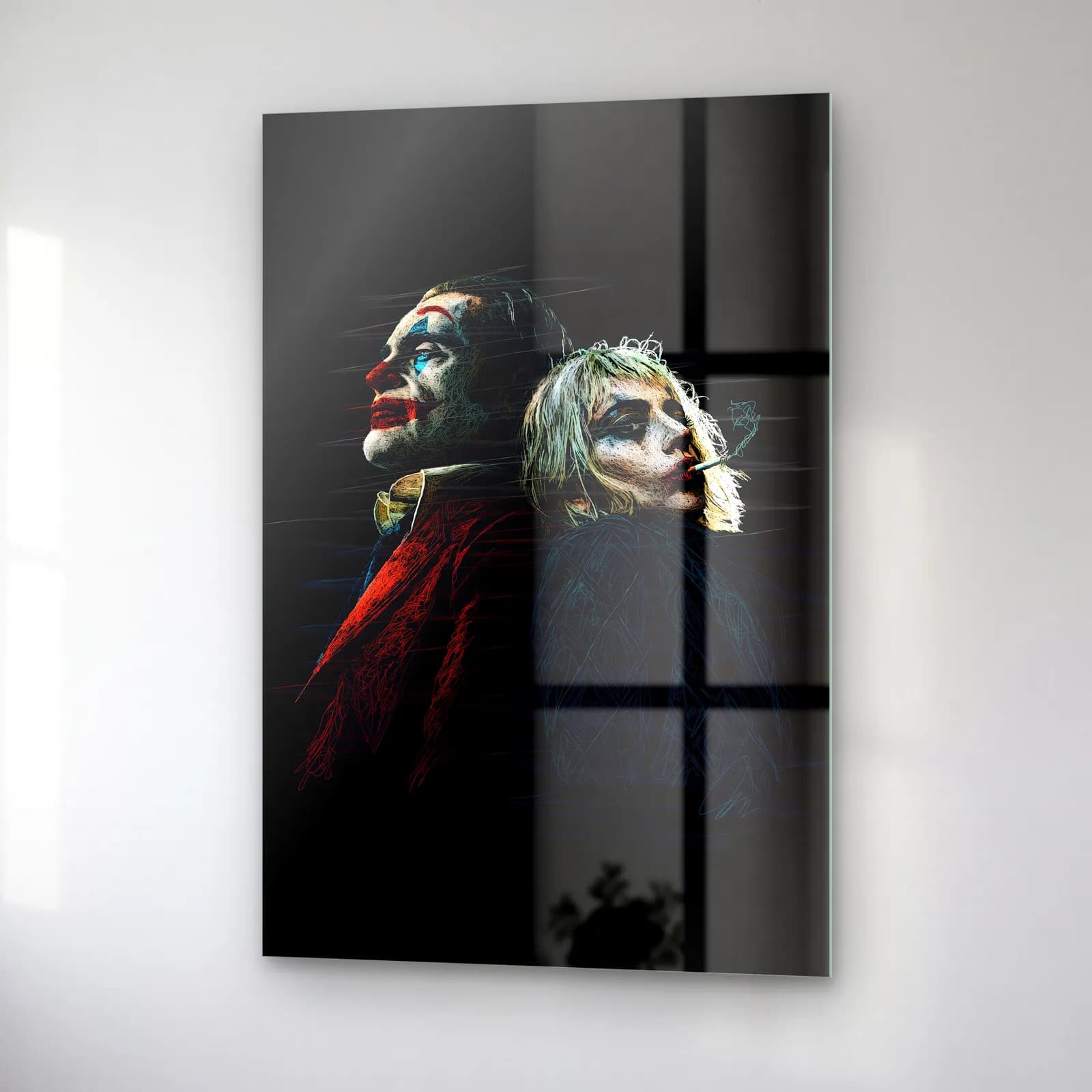 Joker ve Harley Quinn cam tablo — sağ açıdan görünüm
