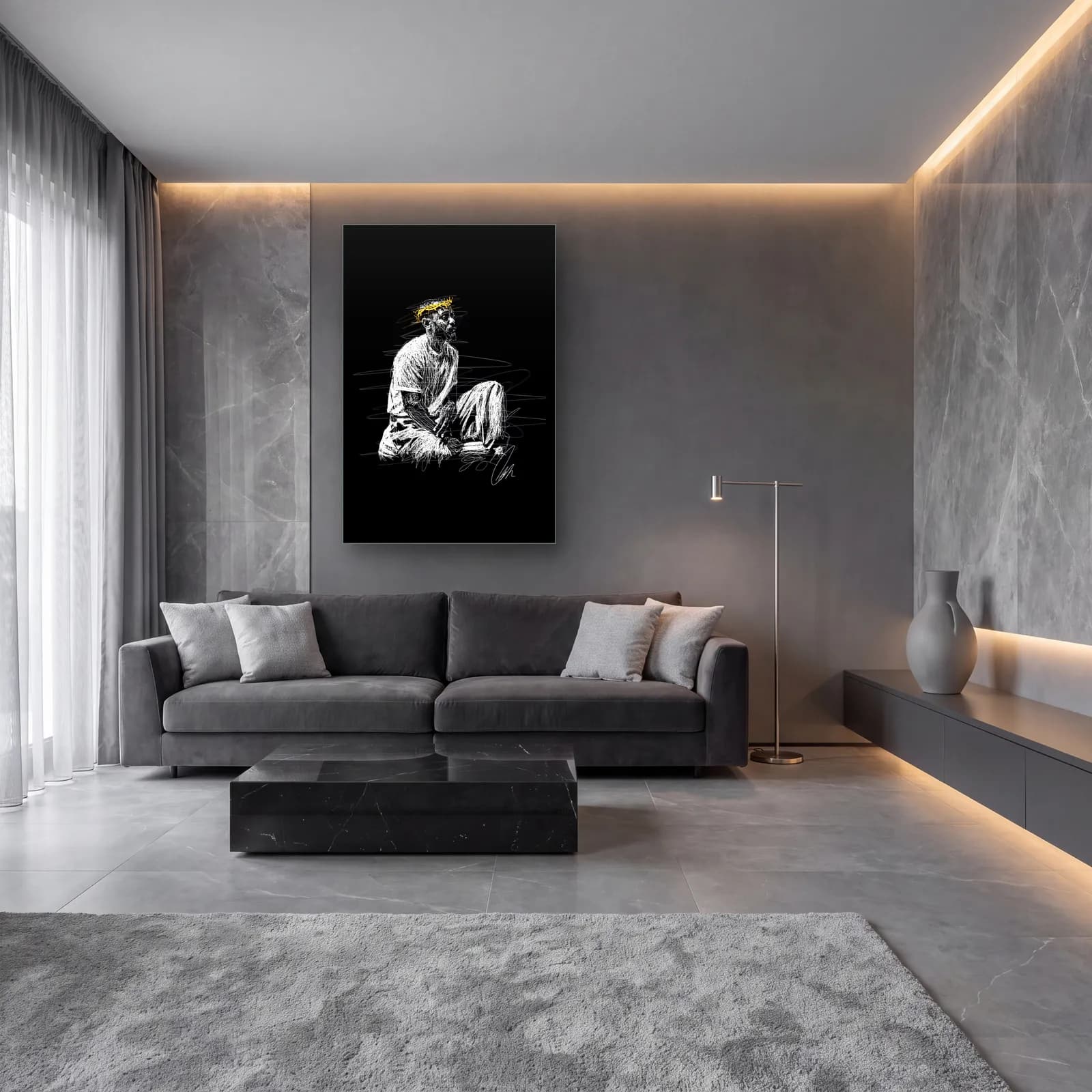 Taçlı Oturan Adam Çizimi cam tablo — lüks salon duvarında