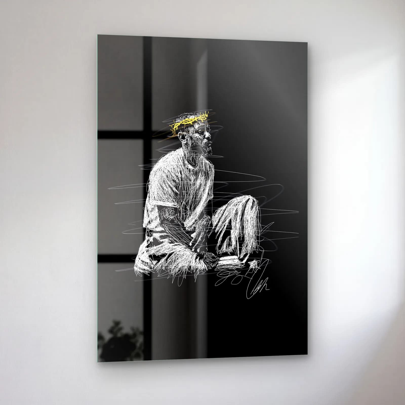 Taçlı Oturan Adam Çizimi cam tablo — sol açıdan görünüm