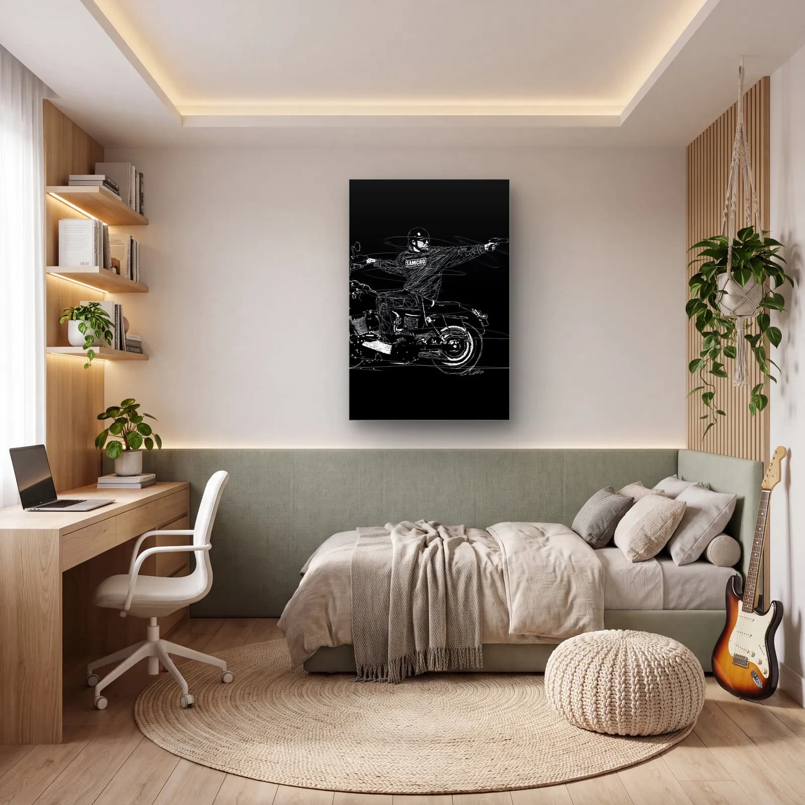 SAMCRO Motosikletli Nişancı cam tablo — genç odasında