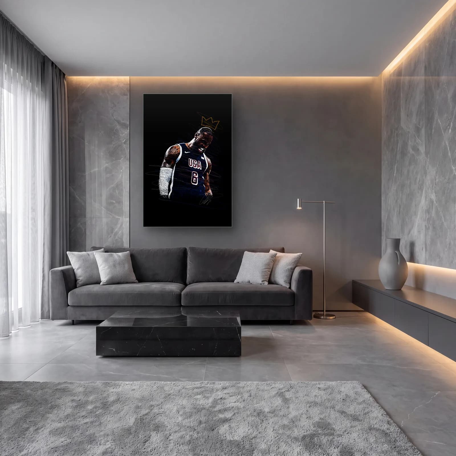 Taçlı LeBron James USA cam tablo — lüks salon duvarında
