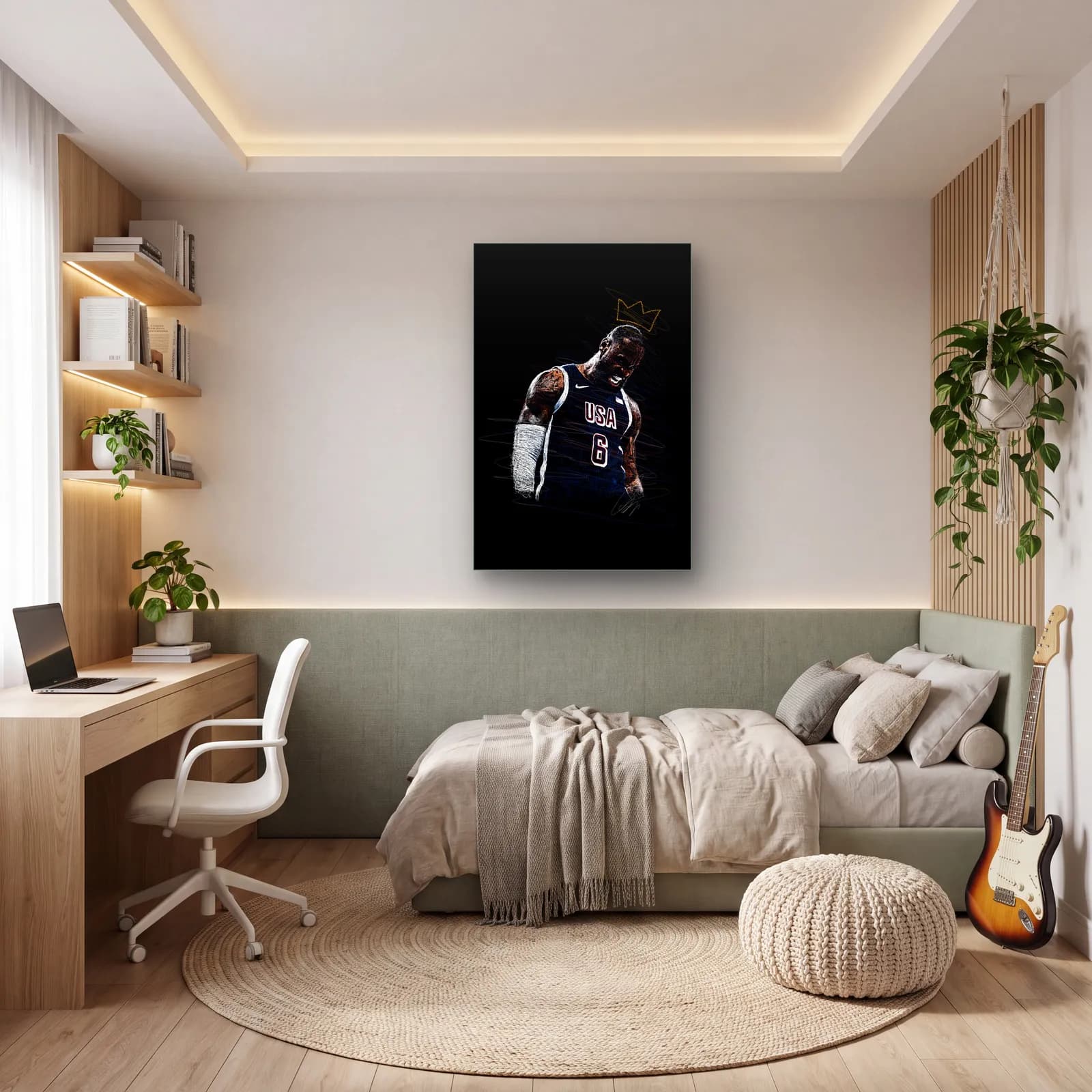 Taçlı LeBron James USA cam tablo — genç odasında
