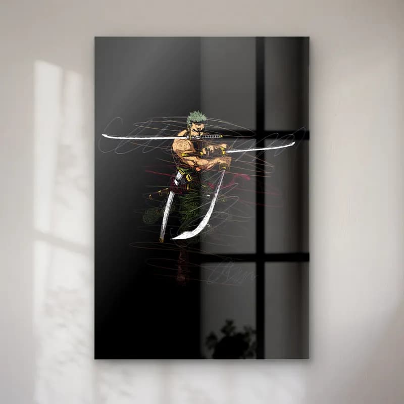 Üç Kılıçlı Roronoa Zoro cam tablo — Siyah zeminde üç kılıçlı yeşil saçlı Roronoa Zoro'nun karalama çizgi çizimi