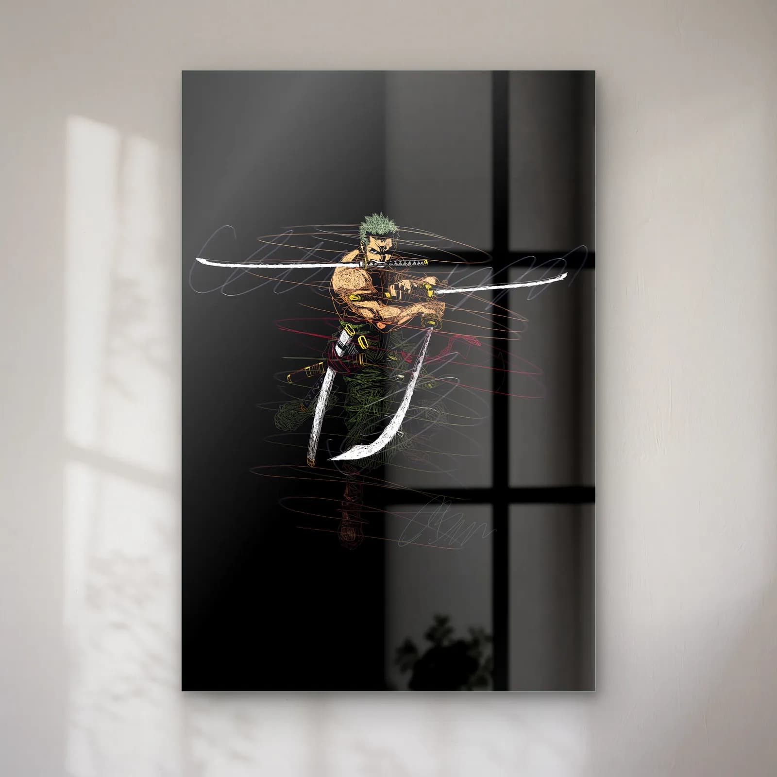 Üç Kılıçlı Roronoa Zoro cam tablo — Siyah zeminde üç kılıçlı yeşil saçlı Roronoa Zoro'nun karalama çizgi çizimi