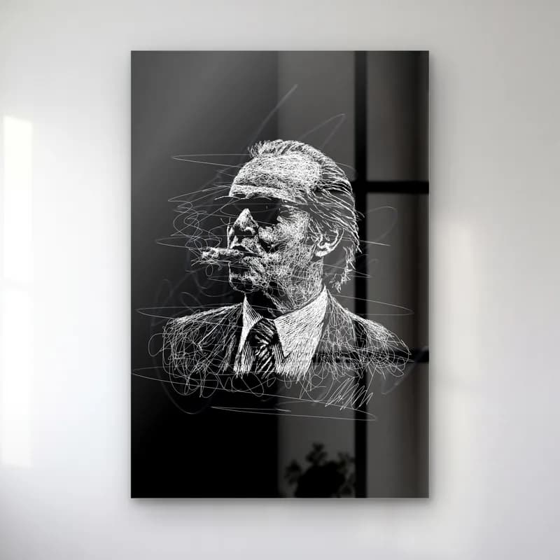 Puro İçen Gözlüklü Beyefendi cam tablo — Siyah zeminde güneş gözlüklü takım elbiseli adamın puro içtiği beyaz karalama portresi