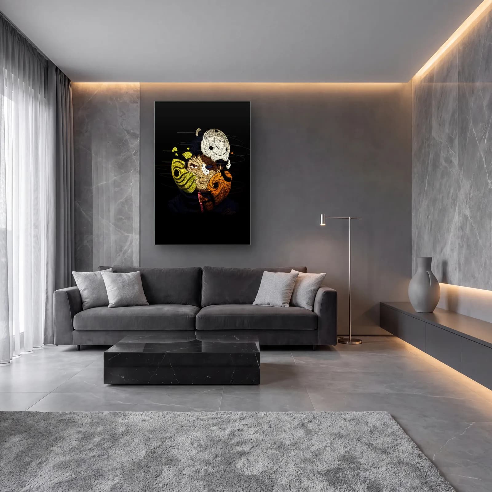 Naruto Obito Maskeli Kompozisyon cam tablo — lüks salon duvarında