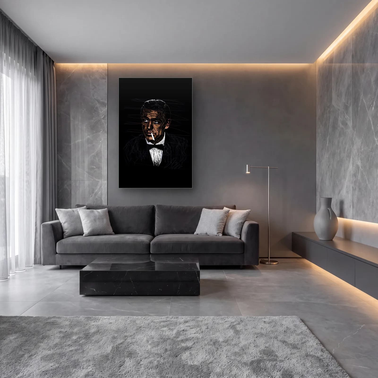 Smokinli Sigaralı Beyefendi cam tablo — lüks salon duvarında