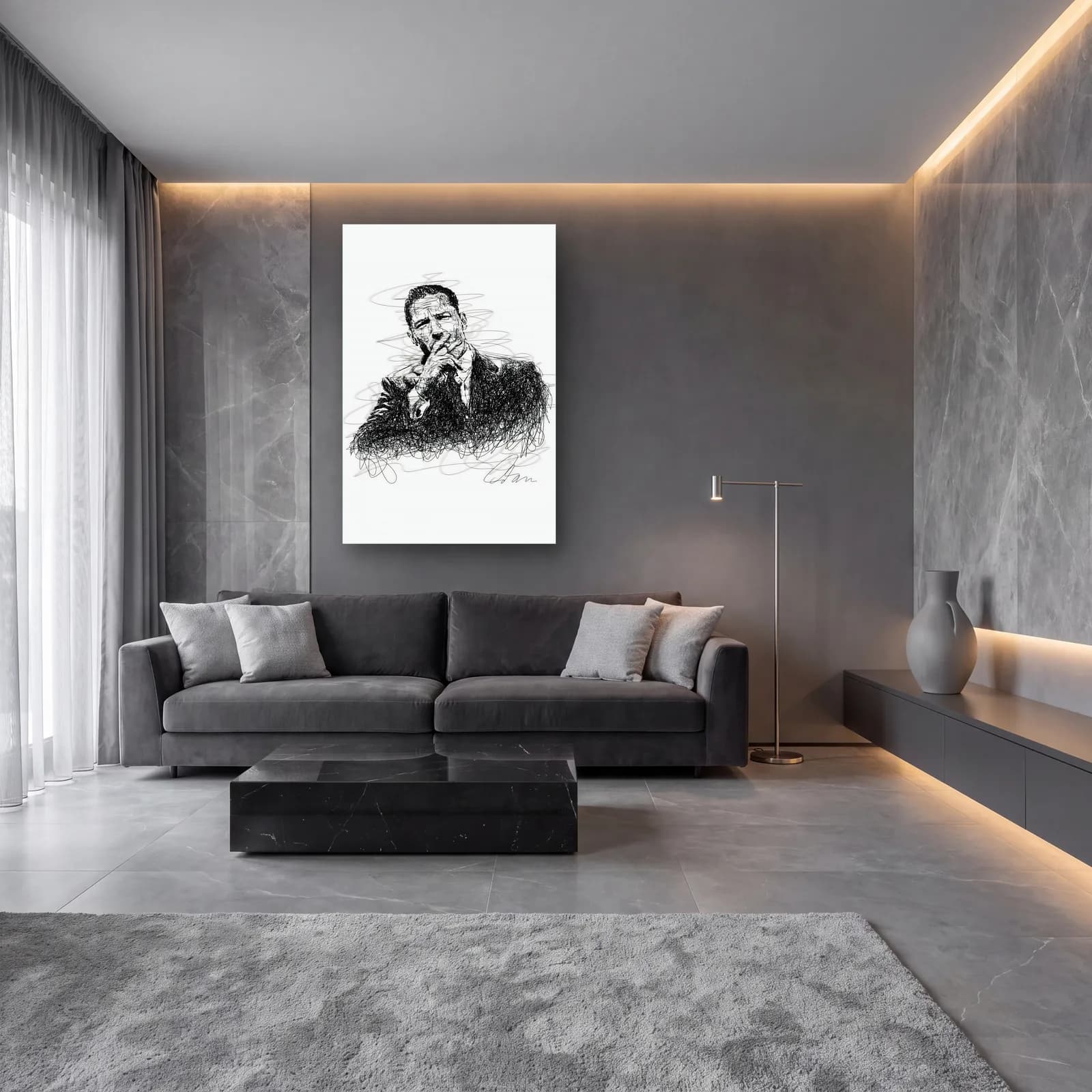 Beyaz Zeminde Sigaralı Adam cam tablo — lüks salon duvarında