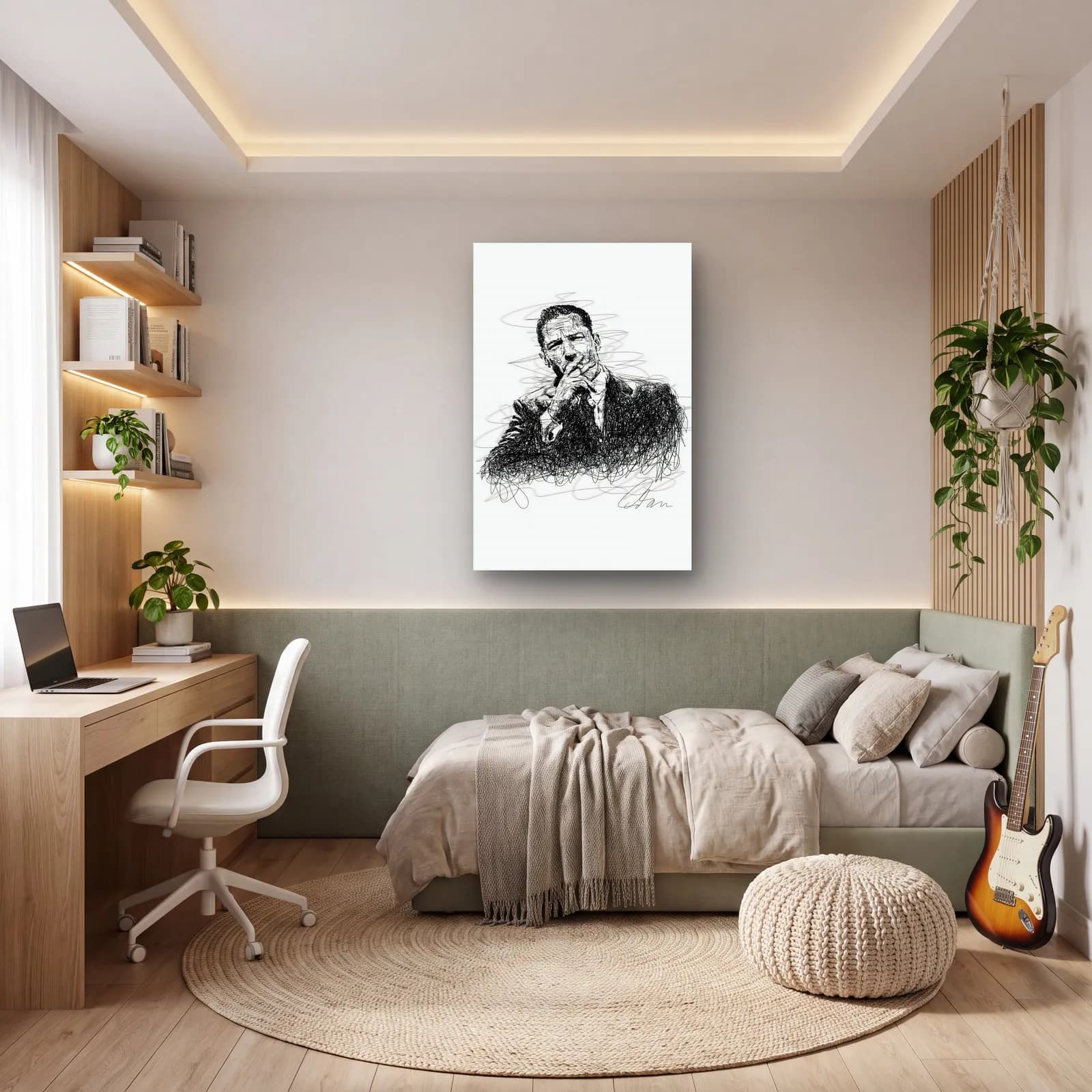 Beyaz Zeminde Sigaralı Adam cam tablo — genç odasında