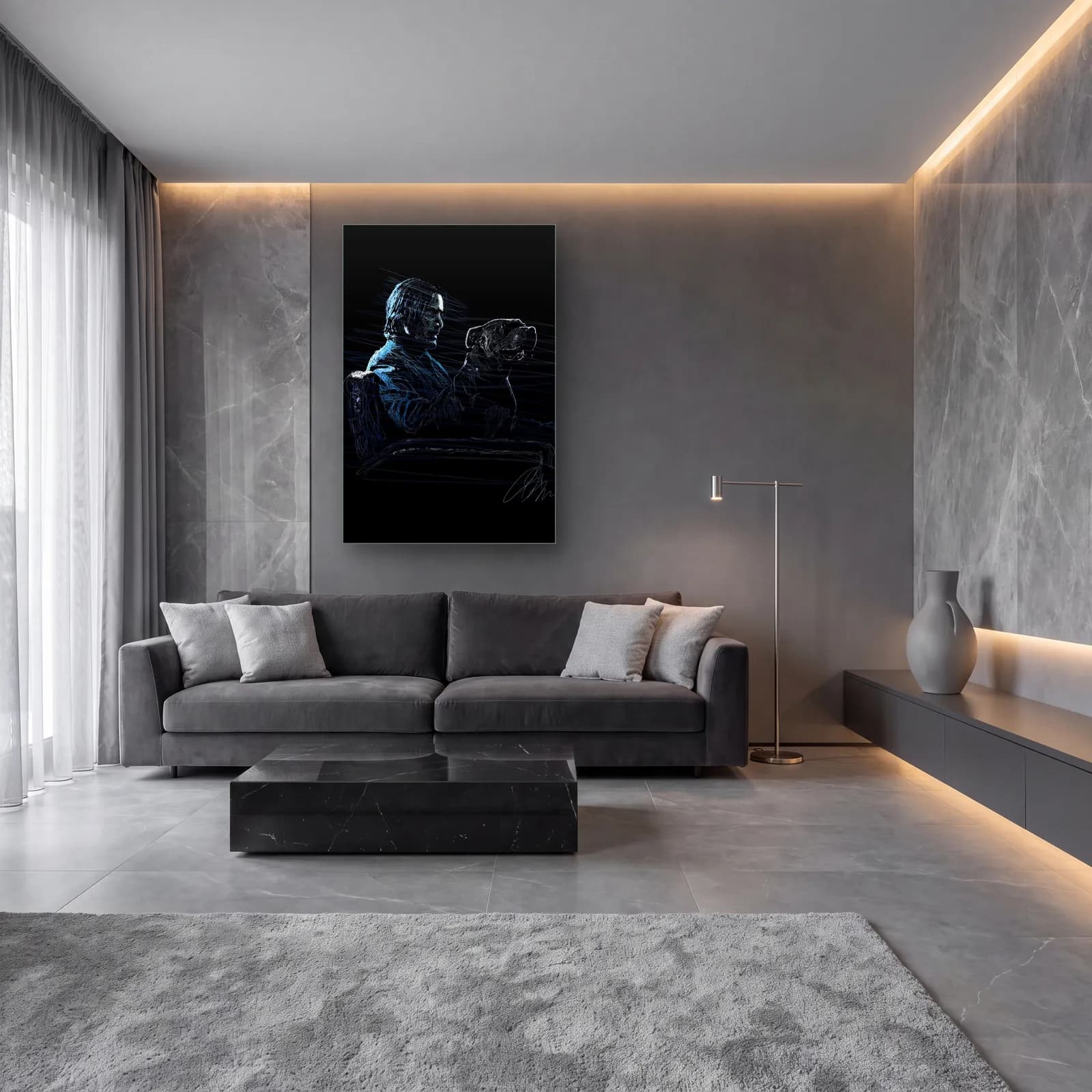 John Wick ve Köpeği cam tablo — lüks salon duvarında